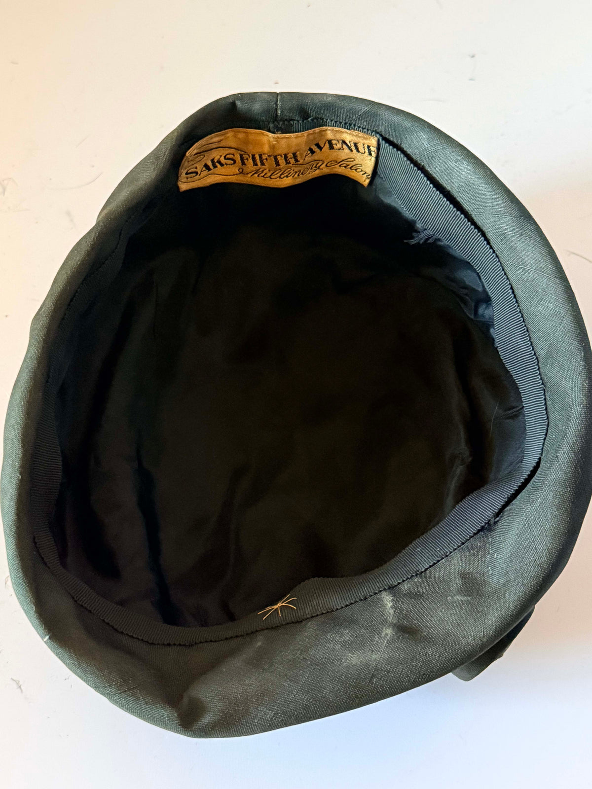 Vintage 1950s Saks Fifth Avenue Faded Black Green Silk Taffeta Pillbox Hat Gold Button Mid Century Ladies Millinery