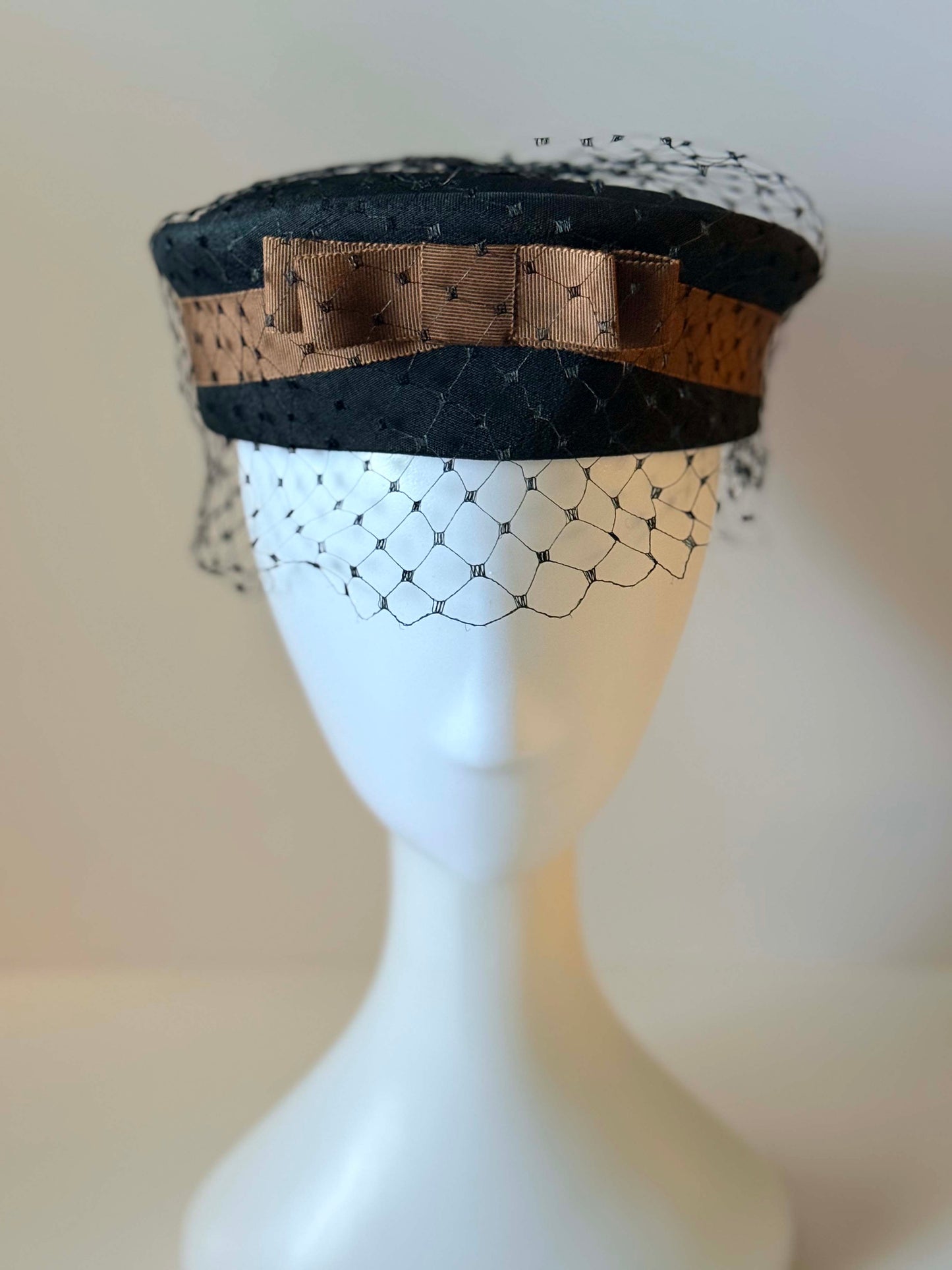 Vintage Fisk Chicago Black Veiled Pillbox Hat | 1950s Cocktail Fascinator | Velvet Trim Mid Century Millinery