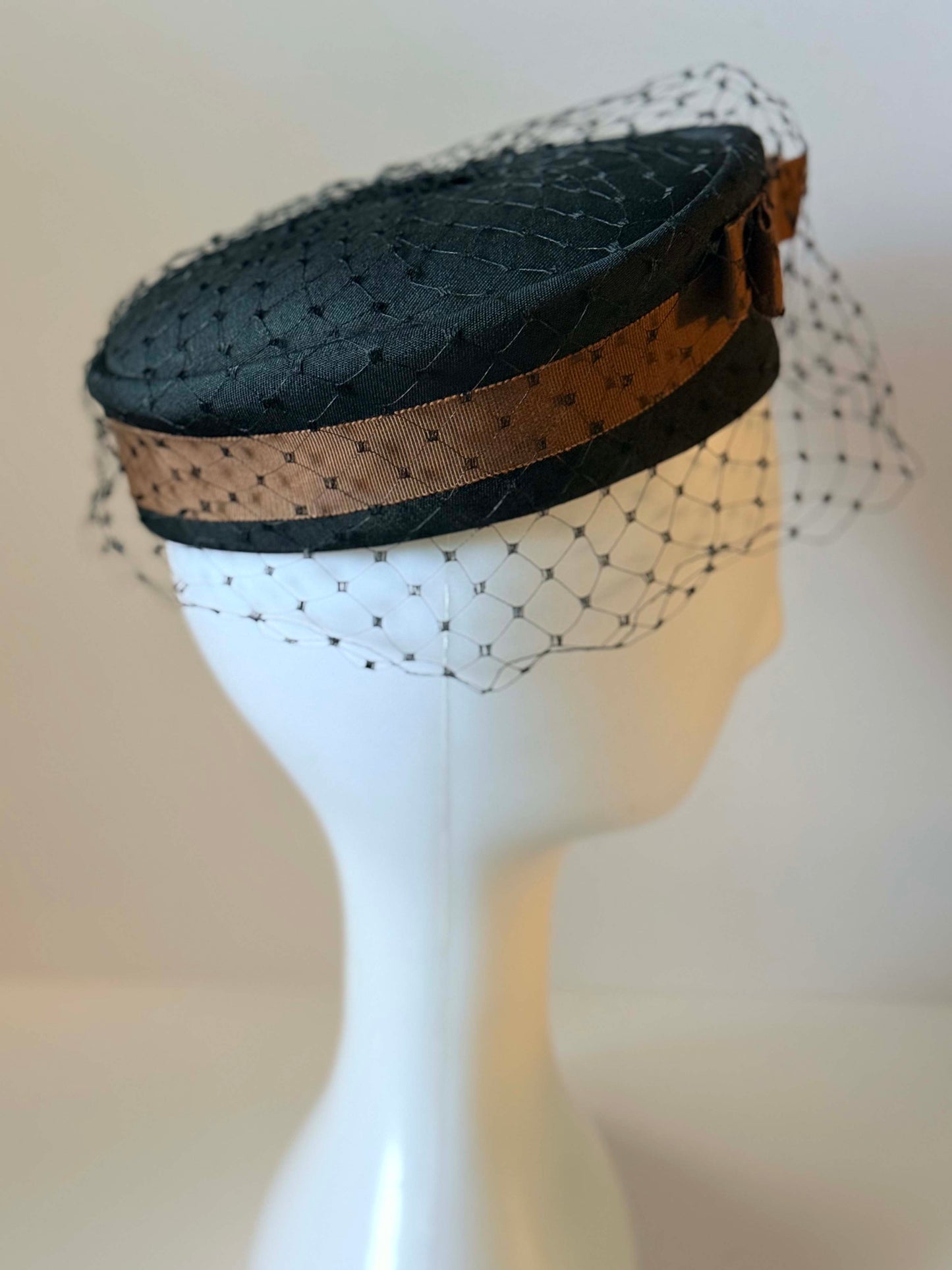 Vintage Fisk Chicago Black Veiled Pillbox Hat | 1950s Cocktail Fascinator | Velvet Trim Mid Century Millinery