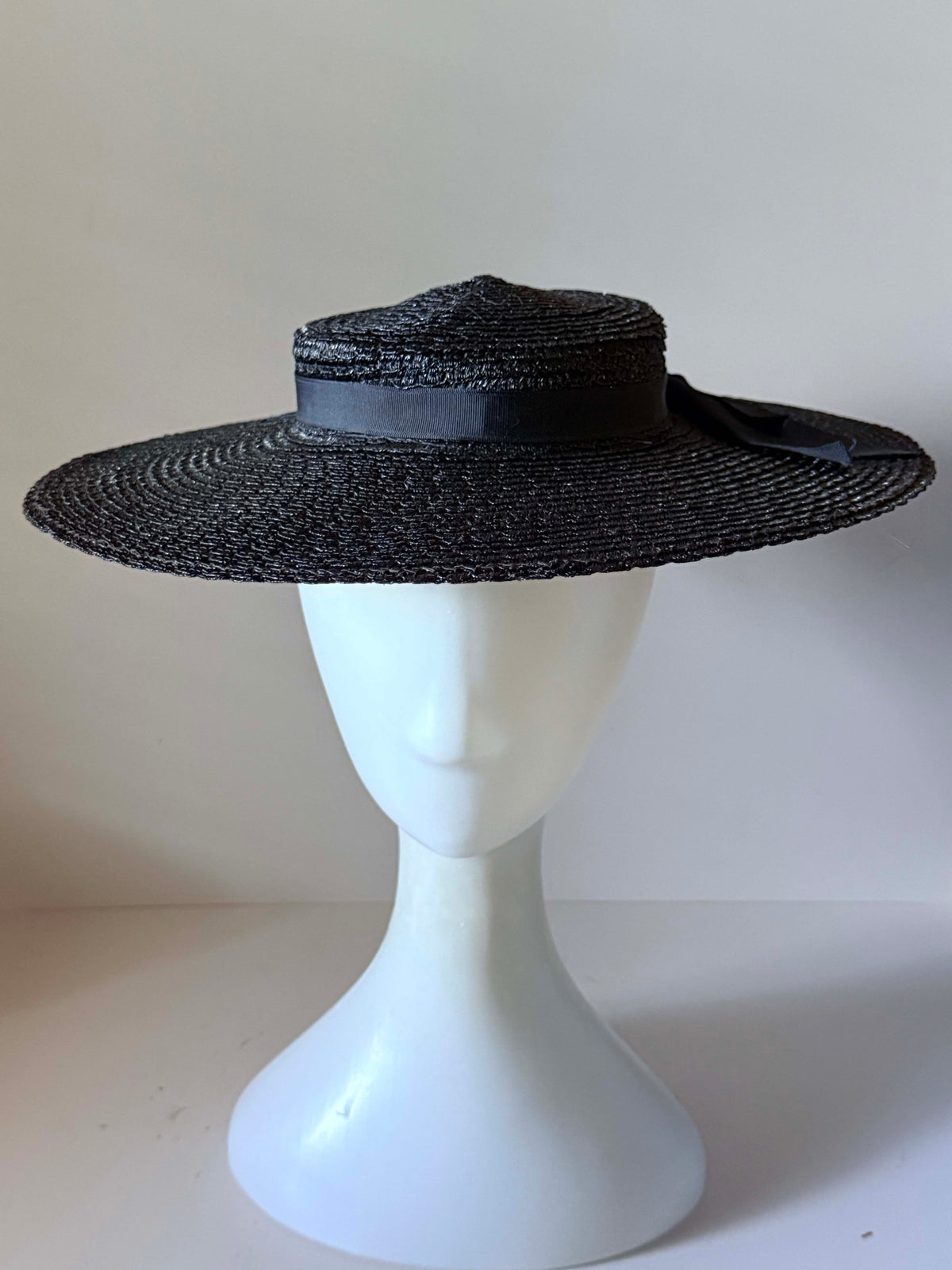 Vintage 1950s Black Straw Wide Brim Boater Hat Grosgrain Ribbon Bow Mid Century Women's Summer Picture Hat