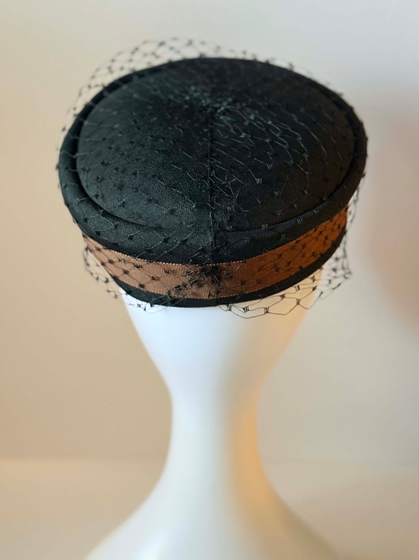 Vintage Fisk Chicago Black Veiled Pillbox Hat | 1950s Cocktail Fascinator | Velvet Trim Mid Century Millinery