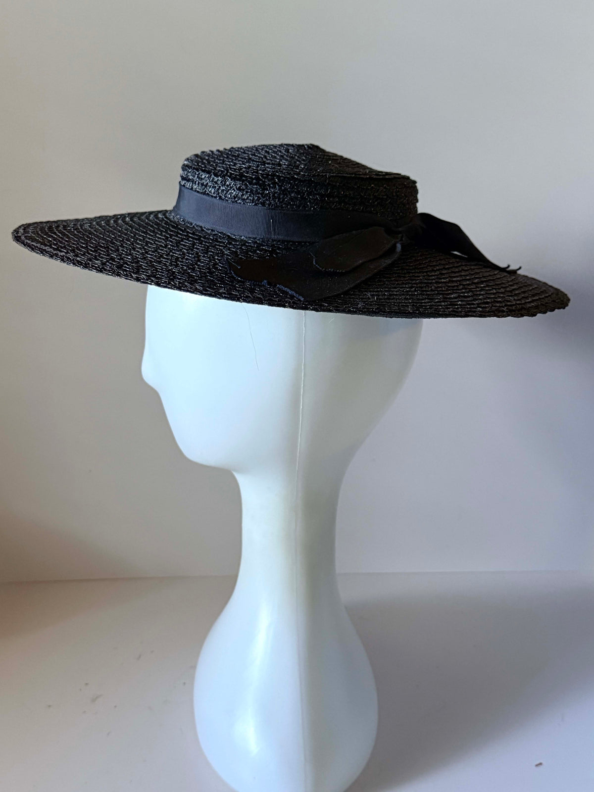 Vintage 1950s Black Straw Wide Brim Boater Hat Grosgrain Ribbon Bow Mid Century Women's Summer Picture Hat