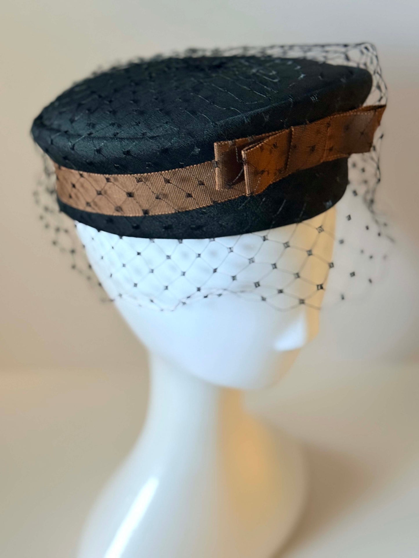 Vintage Fisk Chicago Black Veiled Pillbox Hat | 1950s Cocktail Fascinator | Velvet Trim Mid Century Millinery