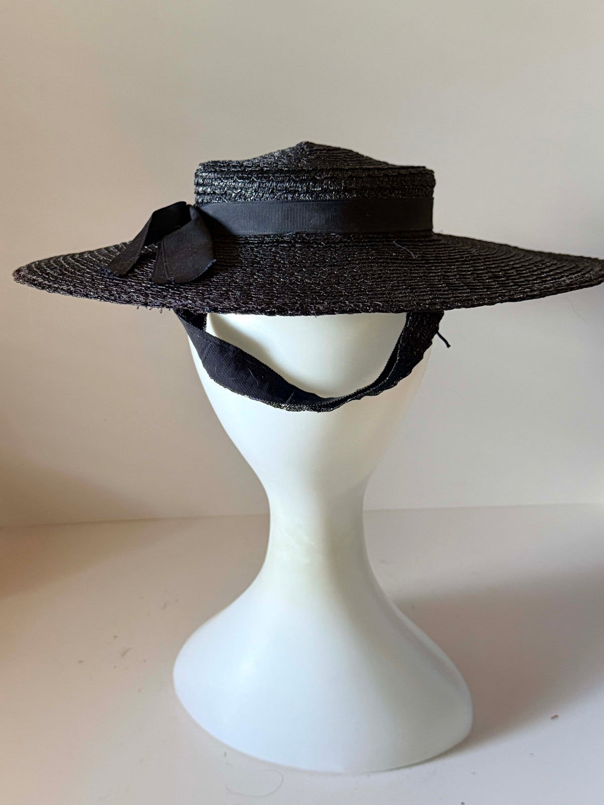 Vintage 1950s Black Straw Wide Brim Boater Hat Grosgrain Ribbon Bow Mid Century Women's Summer Picture Hat