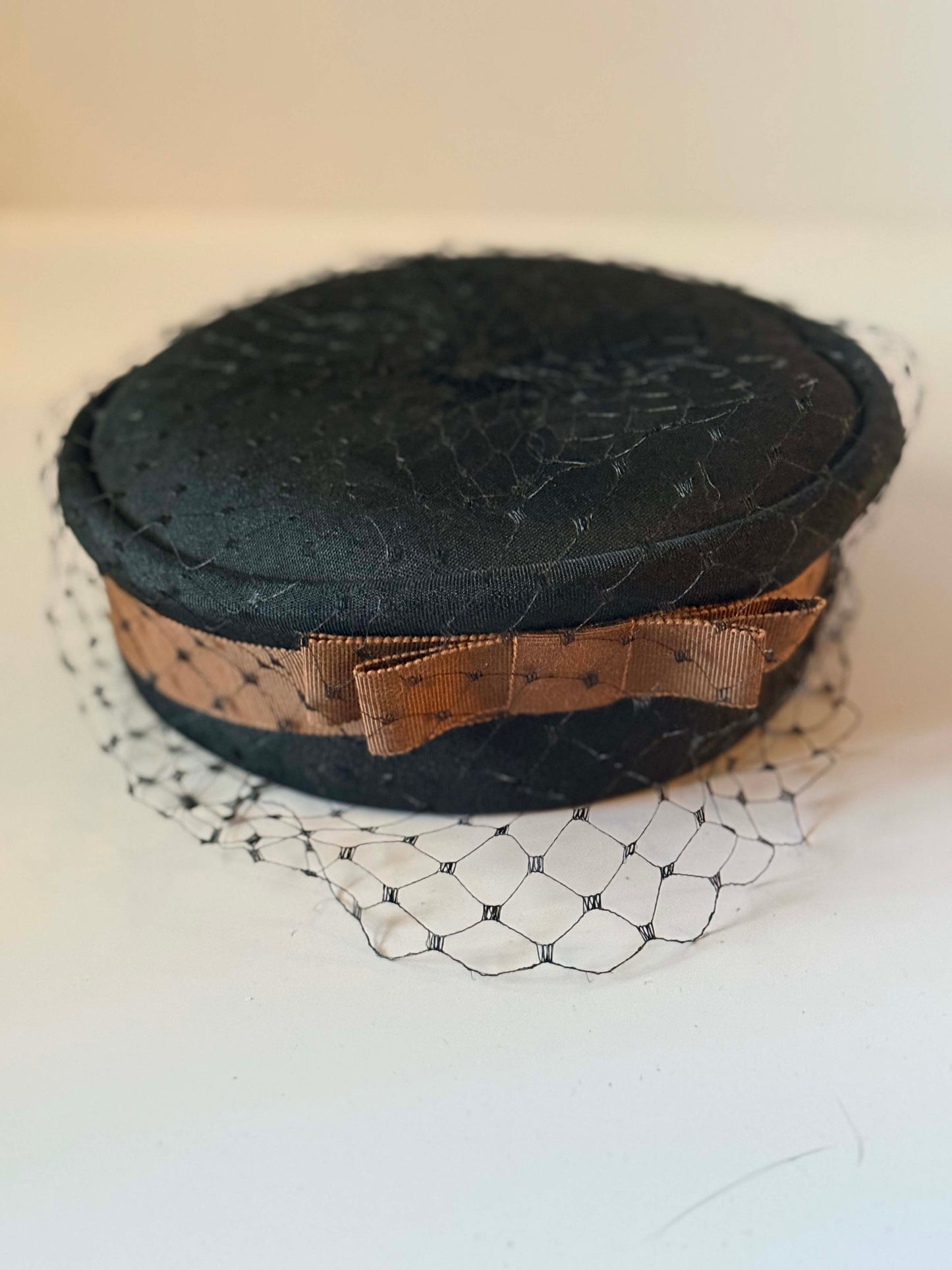 Vintage Fisk Chicago Black Veiled Pillbox Hat | 1950s Cocktail Fascinator | Velvet Trim Mid Century Millinery