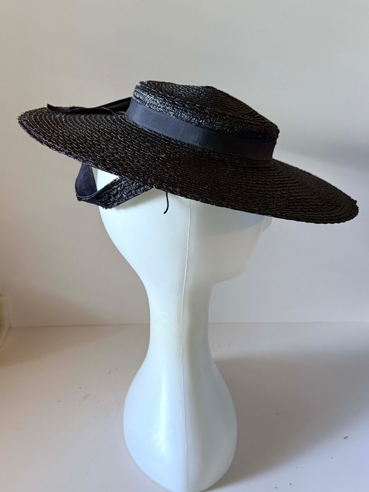 Vintage 1950s Black Straw Wide Brim Boater Hat Grosgrain Ribbon Bow Mid Century Women's Summer Picture Hat