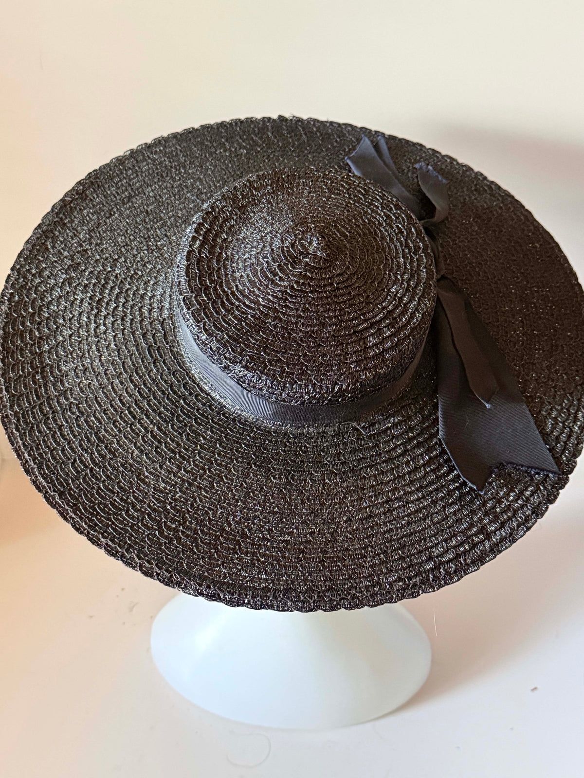 Vintage 1950s Black Straw Wide Brim Boater Hat Grosgrain Ribbon Bow Mid Century Women's Summer Picture Hat