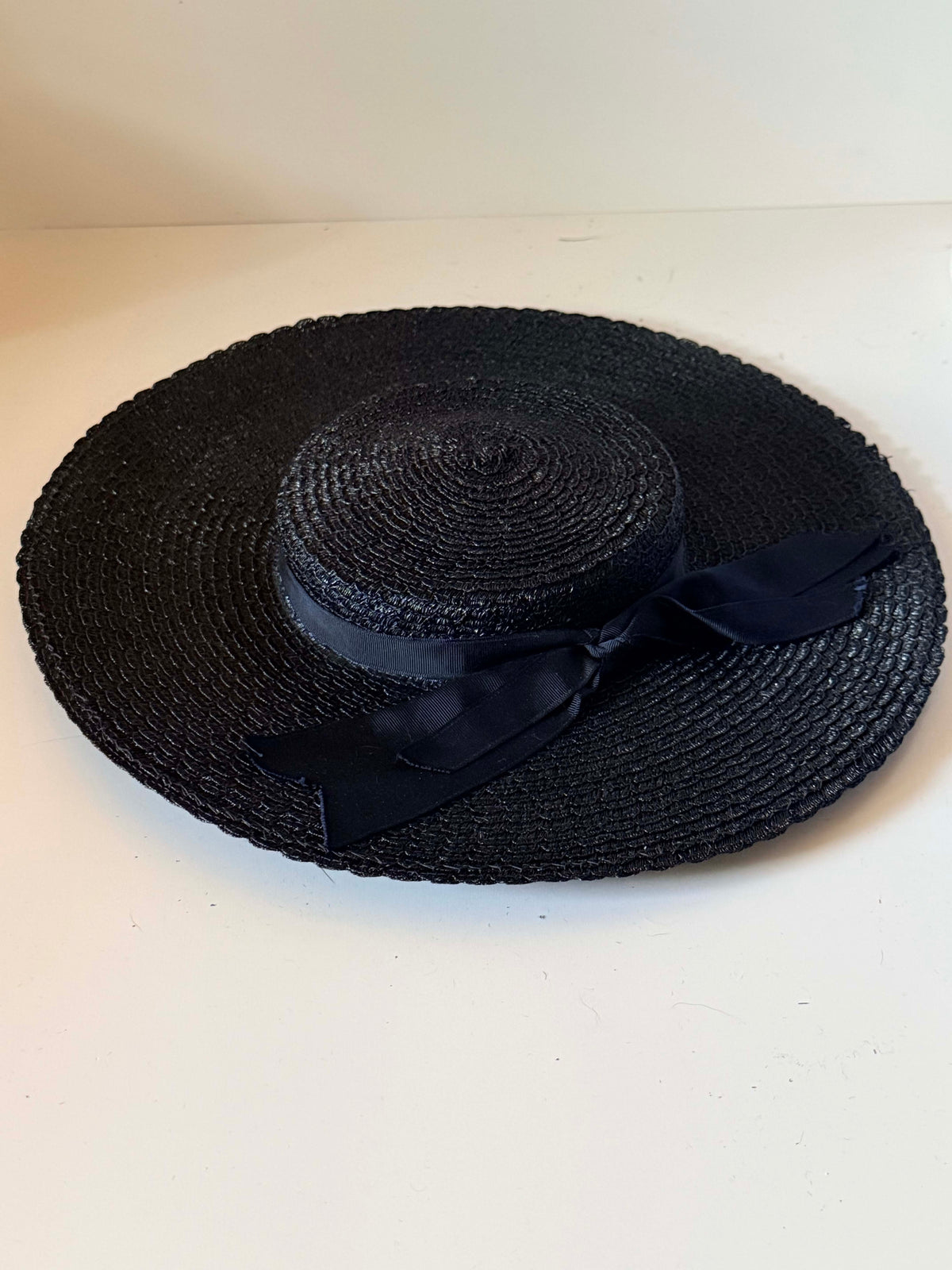 Vintage 1950s Black Straw Wide Brim Boater Hat Grosgrain Ribbon Bow Mid Century Women's Summer Picture Hat