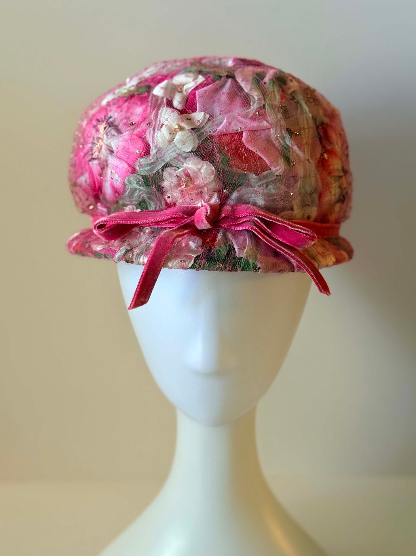 1950s Floral Cloche Hat Pink Velvet Ribbon Hat | Romantic Spring Garden Party Hat | Vintage Daytons Millinery Cap