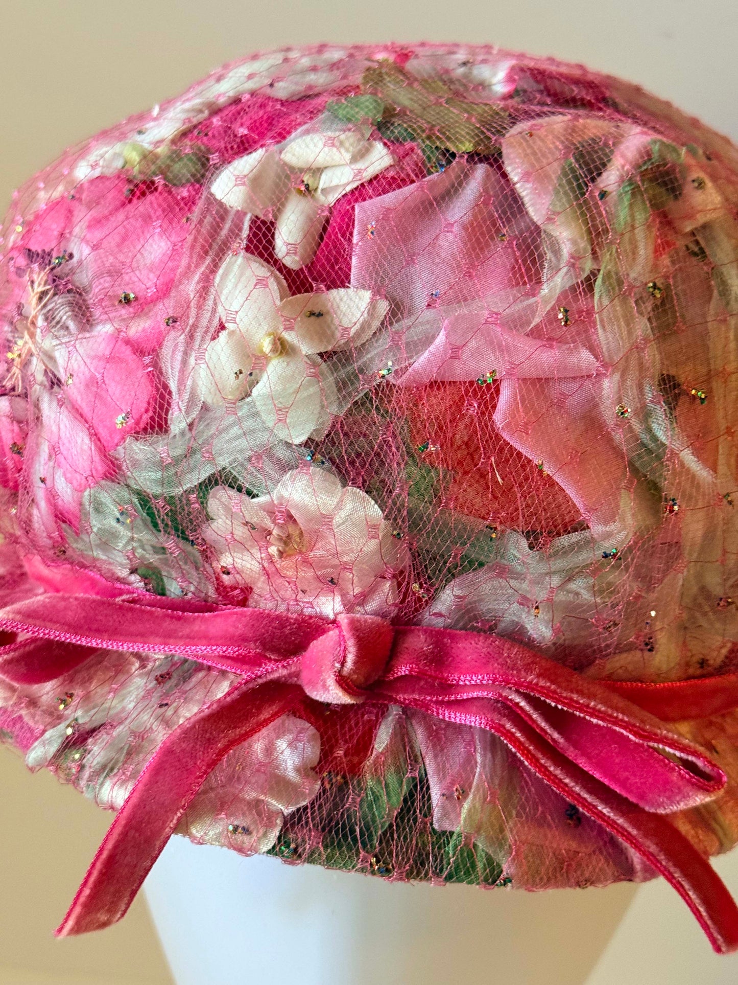 1950s Floral Cloche Hat Pink Velvet Ribbon Hat | Romantic Spring Garden Party Hat | Vintage Daytons Millinery Cap
