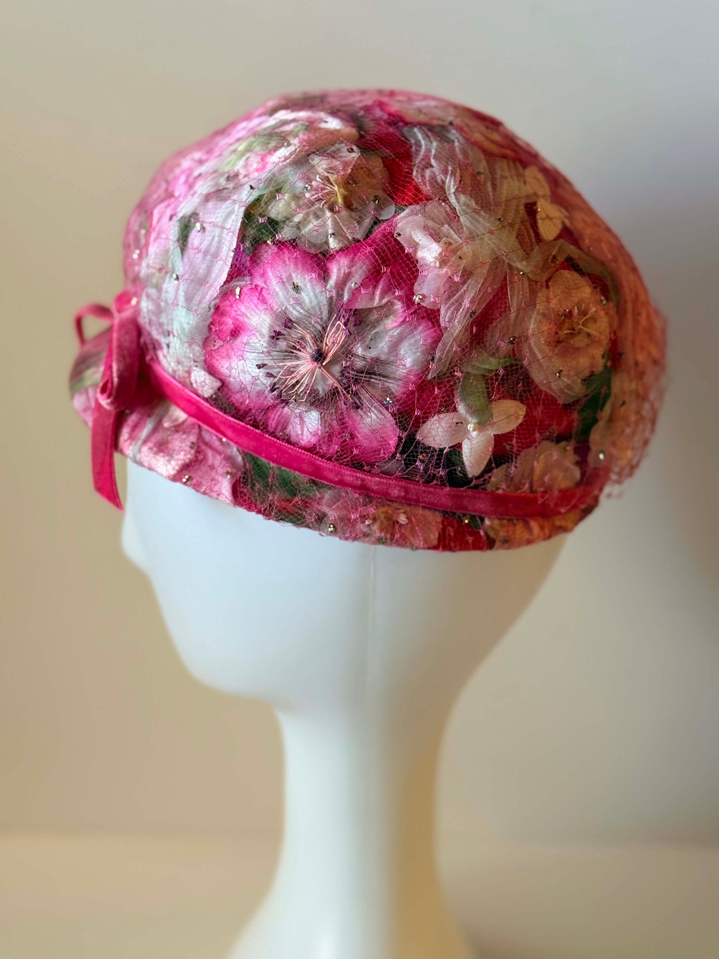 1950s Floral Cloche Hat Pink Velvet Ribbon Hat | Romantic Spring Garden Party Hat | Vintage Daytons Millinery Cap