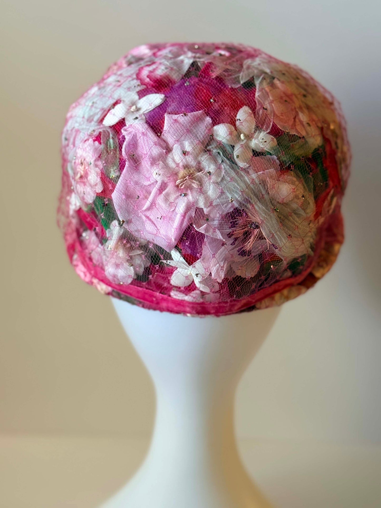 1950s Floral Cloche Hat Pink Velvet Ribbon Hat | Romantic Spring Garden Party Hat | Vintage Daytons Millinery Cap