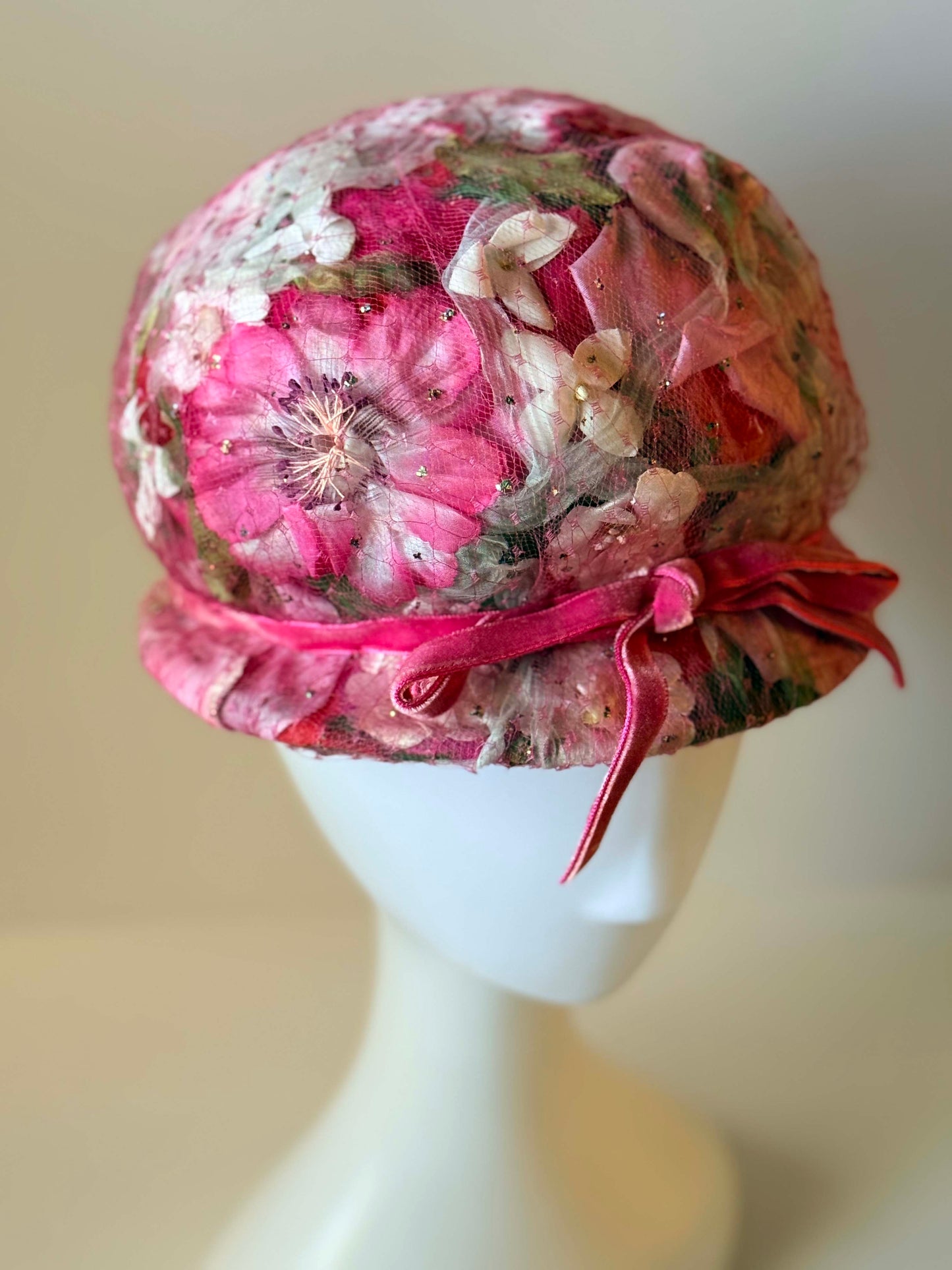 1950s Floral Cloche Hat Pink Velvet Ribbon Hat | Romantic Spring Garden Party Hat | Vintage Daytons Millinery Cap