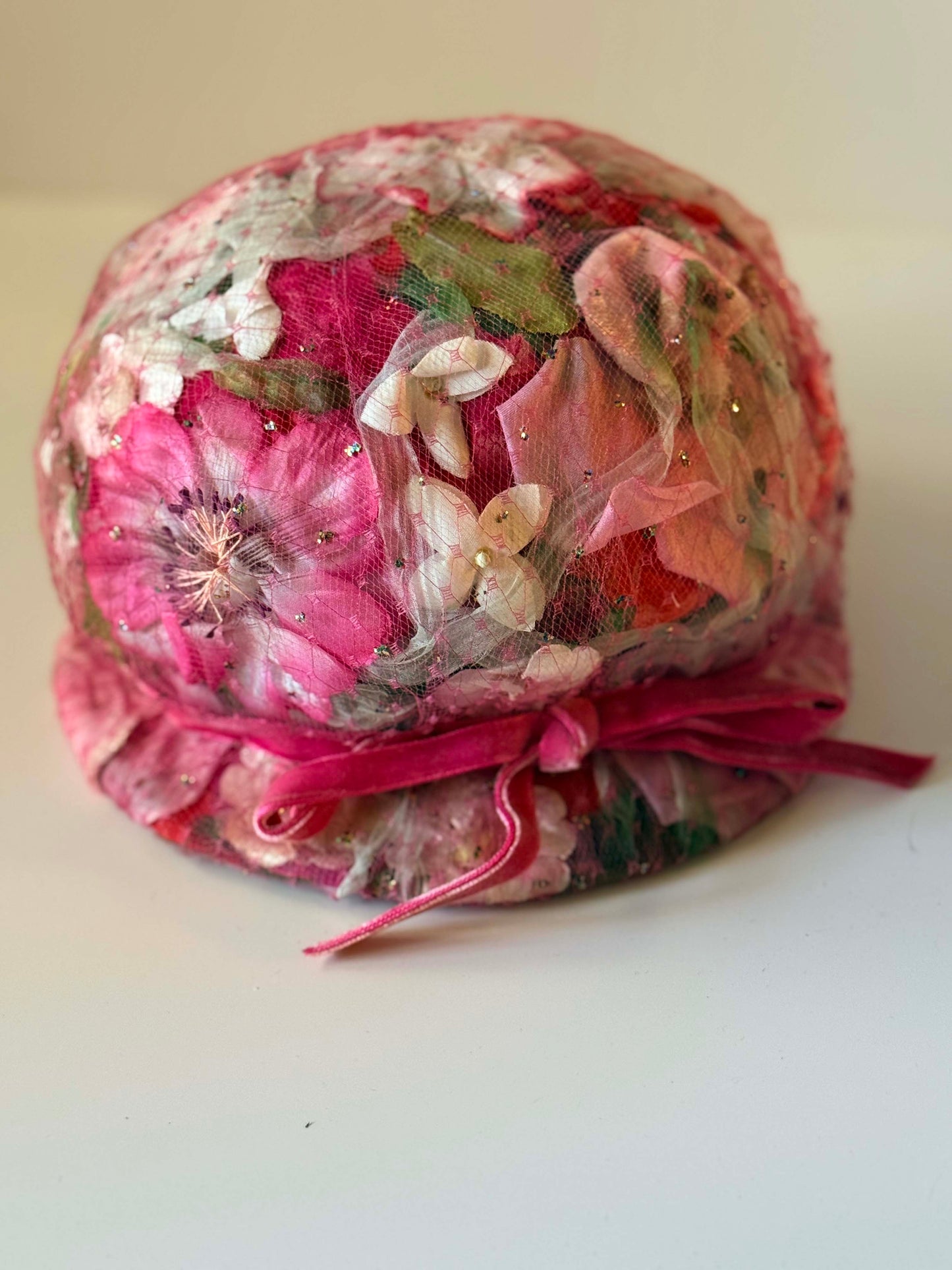 1950s Floral Cloche Hat Pink Velvet Ribbon Hat | Romantic Spring Garden Party Hat | Vintage Daytons Millinery Cap