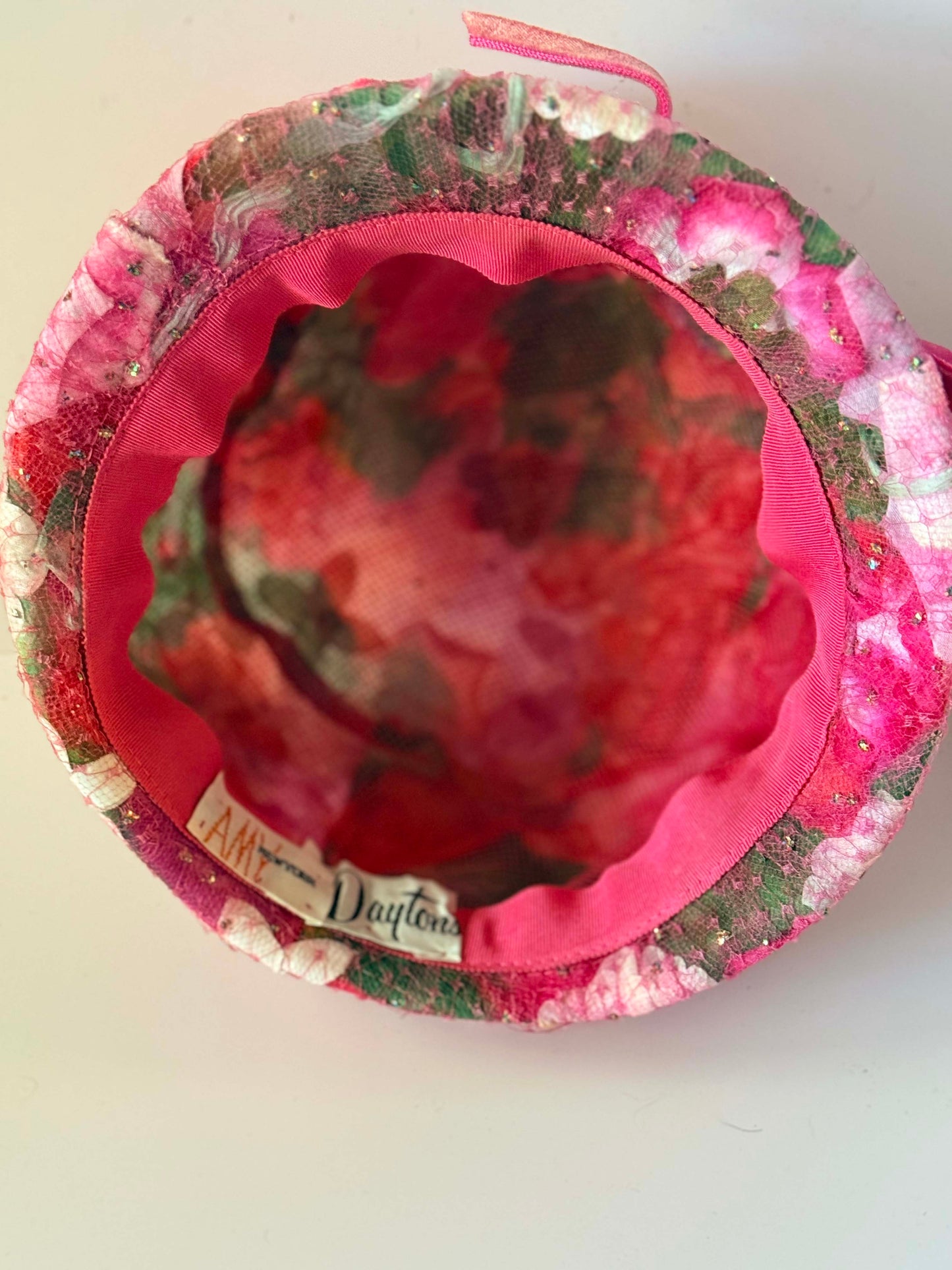 1950s Floral Cloche Hat Pink Velvet Ribbon Hat | Romantic Spring Garden Party Hat | Vintage Daytons Millinery Cap