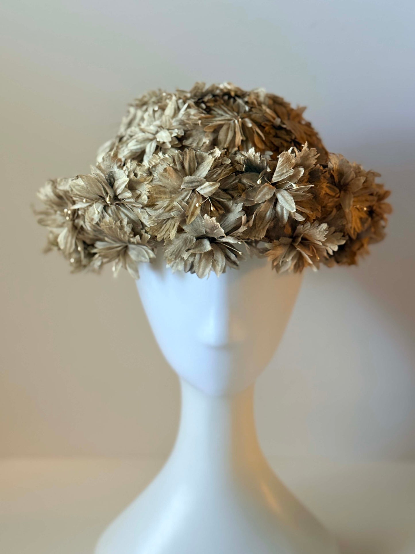 1940s Floral Petal Taupe Boater Hat | Sculptural Mid Century Flower Crown Hat | Avant Garde Vintage Millinery