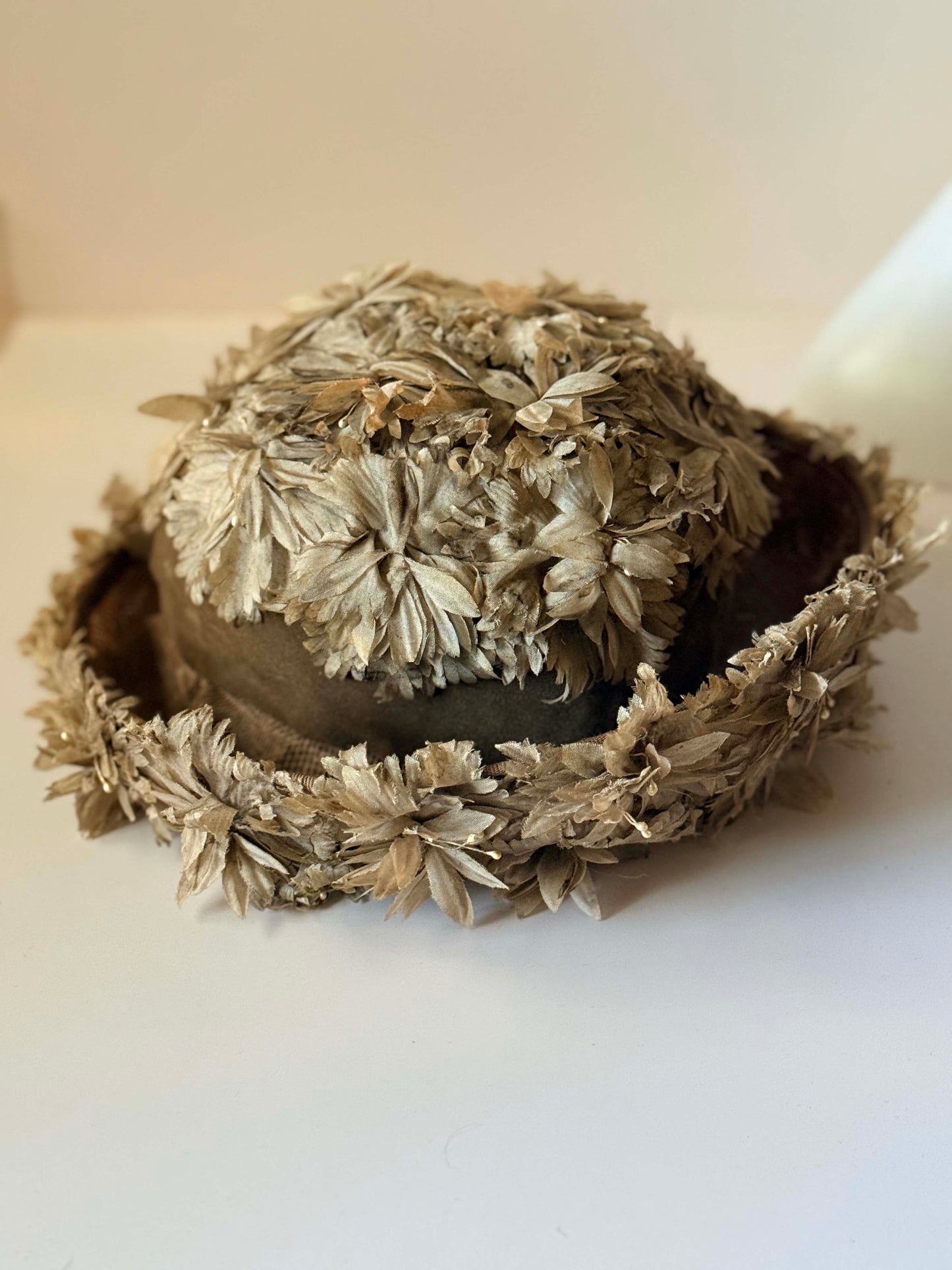 1940s Floral Petal Taupe Boater Hat | Sculptural Mid Century Flower Crown Hat | Avant Garde Vintage Millinery