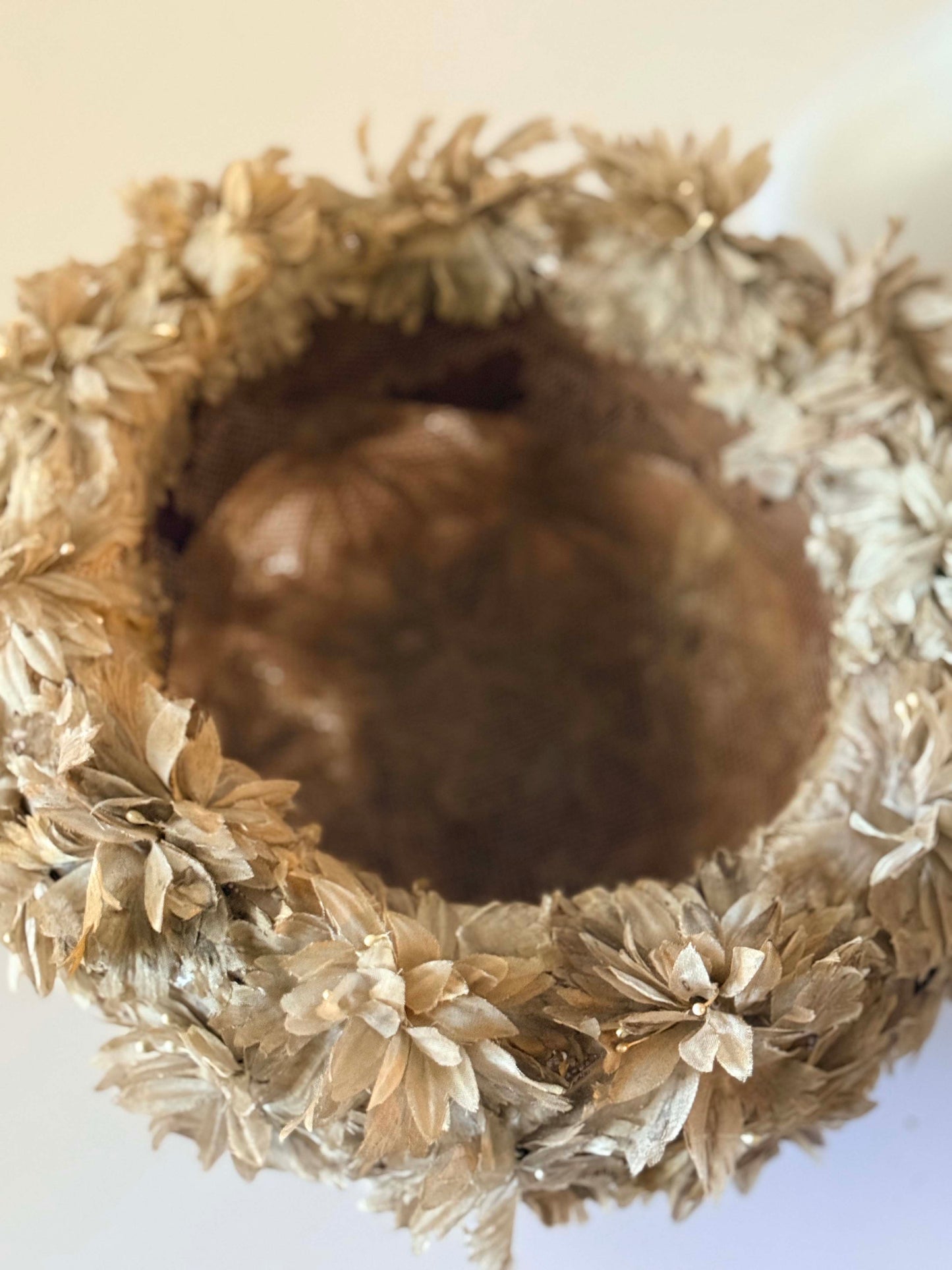 1940s Floral Petal Taupe Boater Hat | Sculptural Mid Century Flower Crown Hat | Avant Garde Vintage Millinery