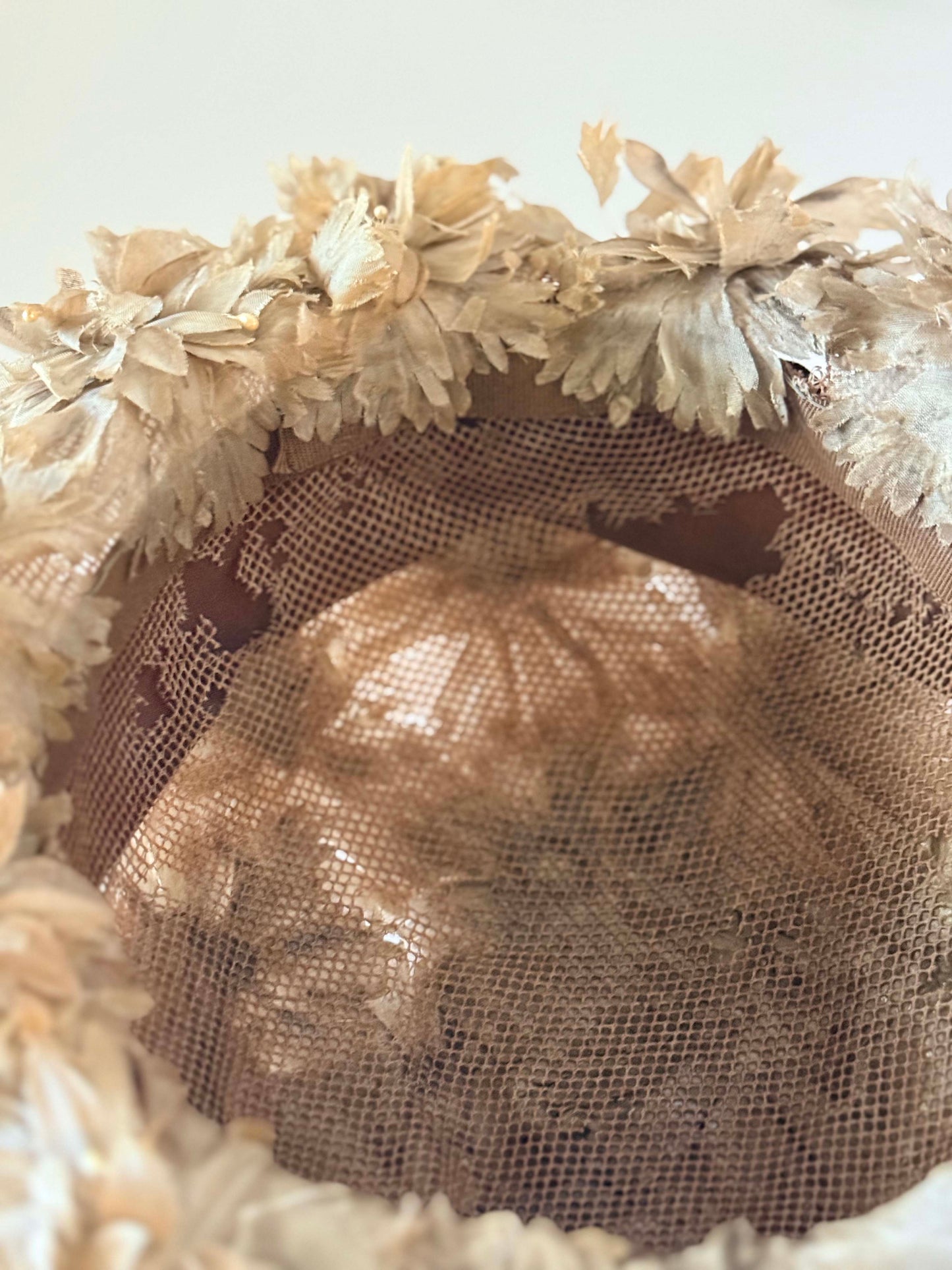 1940s Floral Petal Taupe Boater Hat | Sculptural Mid Century Flower Crown Hat | Avant Garde Vintage Millinery
