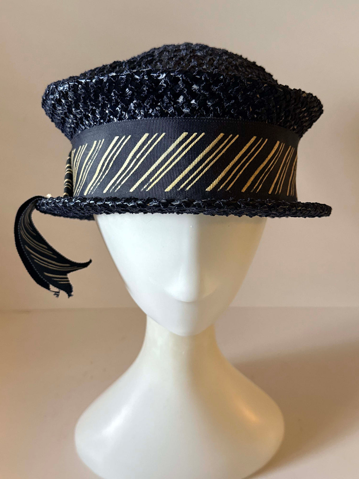 Vintage 1960s Inky Blue Black Straw Breton Hat Gold Ribbon Trim Short Brim Mod Mid Century Women's Summer Hat