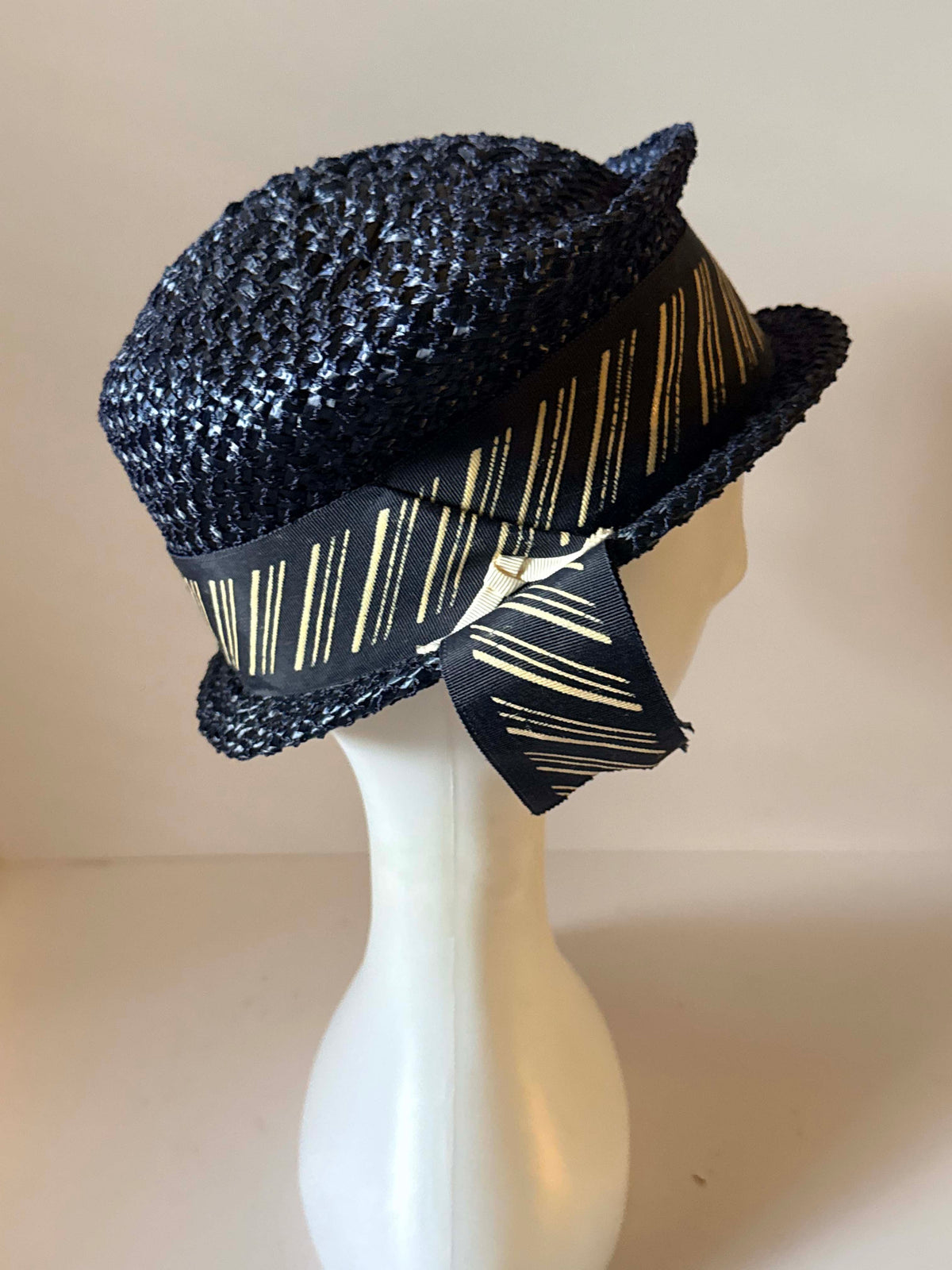 Vintage 1960s Inky Blue Black Straw Breton Hat Gold Ribbon Trim Short Brim Mod Mid Century Women's Summer Hat