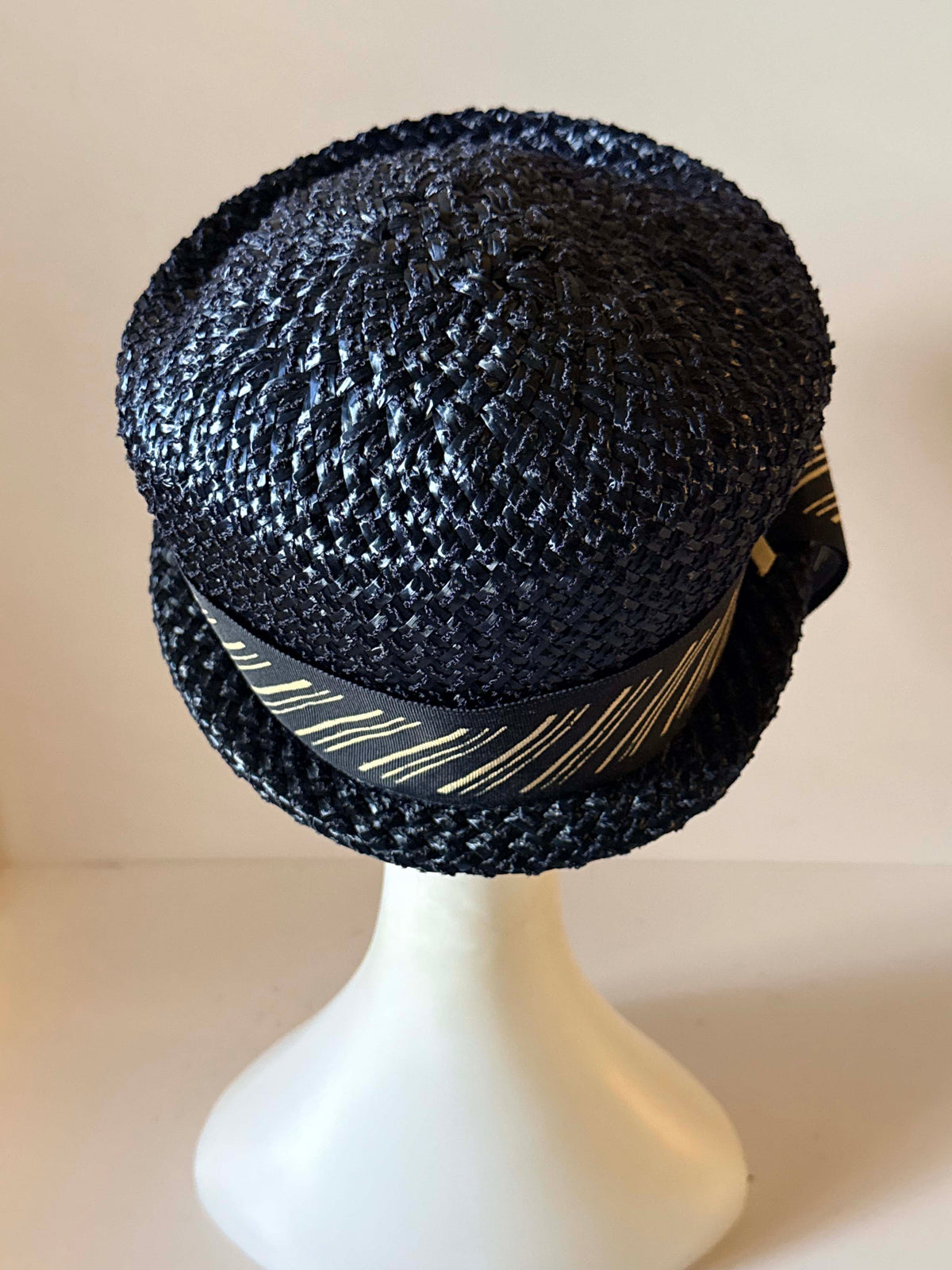 Vintage 1960s Inky Blue Black Straw Breton Hat Gold Ribbon Trim Short Brim Mod Mid Century Women's Summer Hat