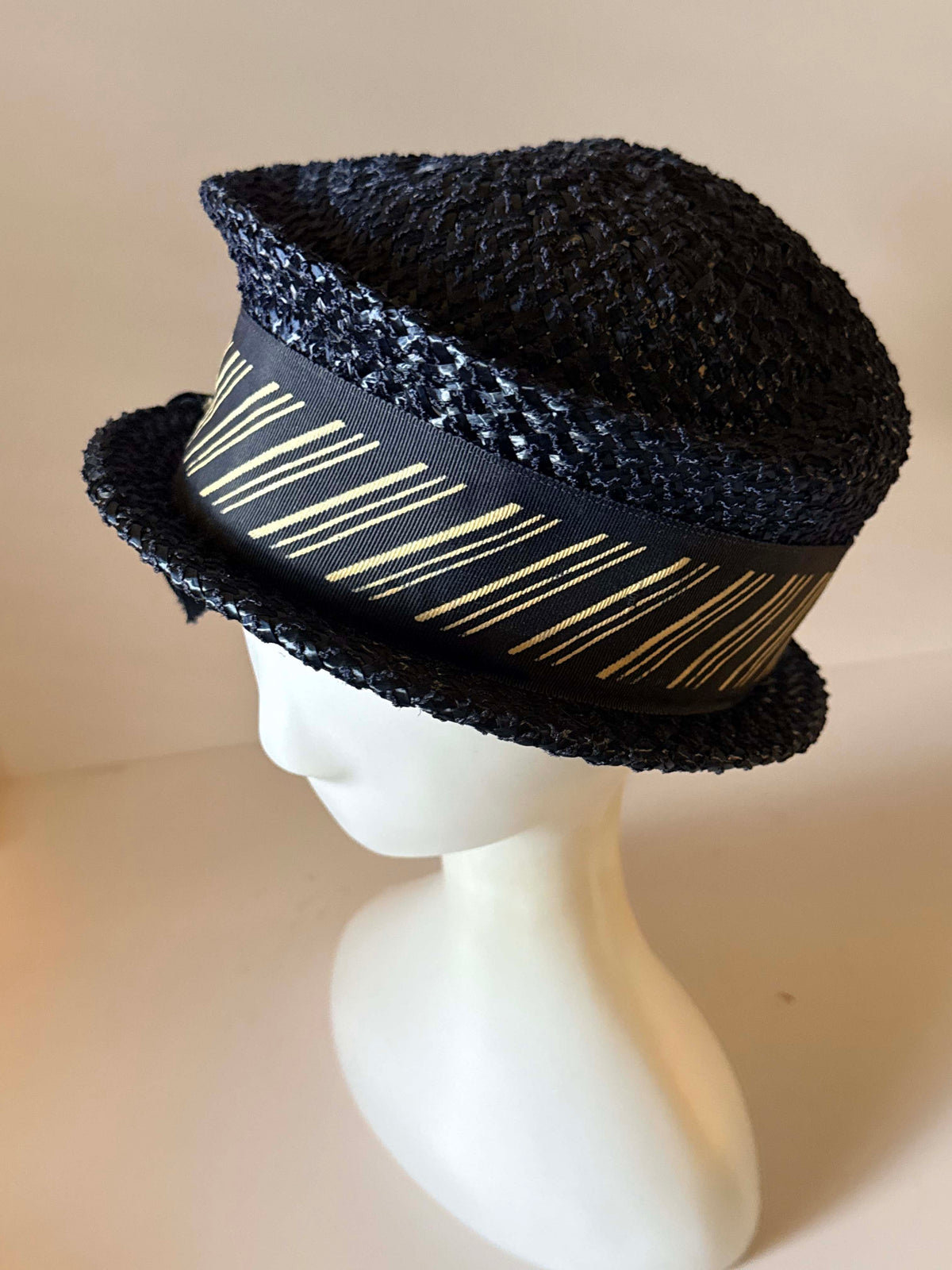 Vintage 1960s Inky Blue Black Straw Breton Hat Gold Ribbon Trim Short Brim Mod Mid Century Women's Summer Hat