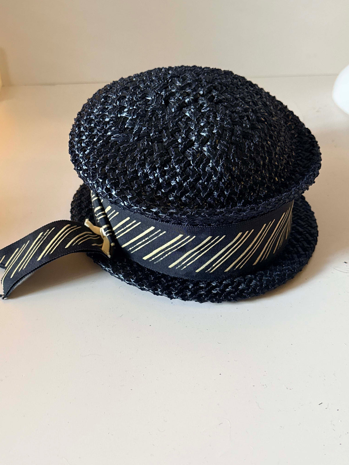 Vintage 1960s Inky Blue Black Straw Breton Hat Gold Ribbon Trim Short Brim Mod Mid Century Women's Summer Hat