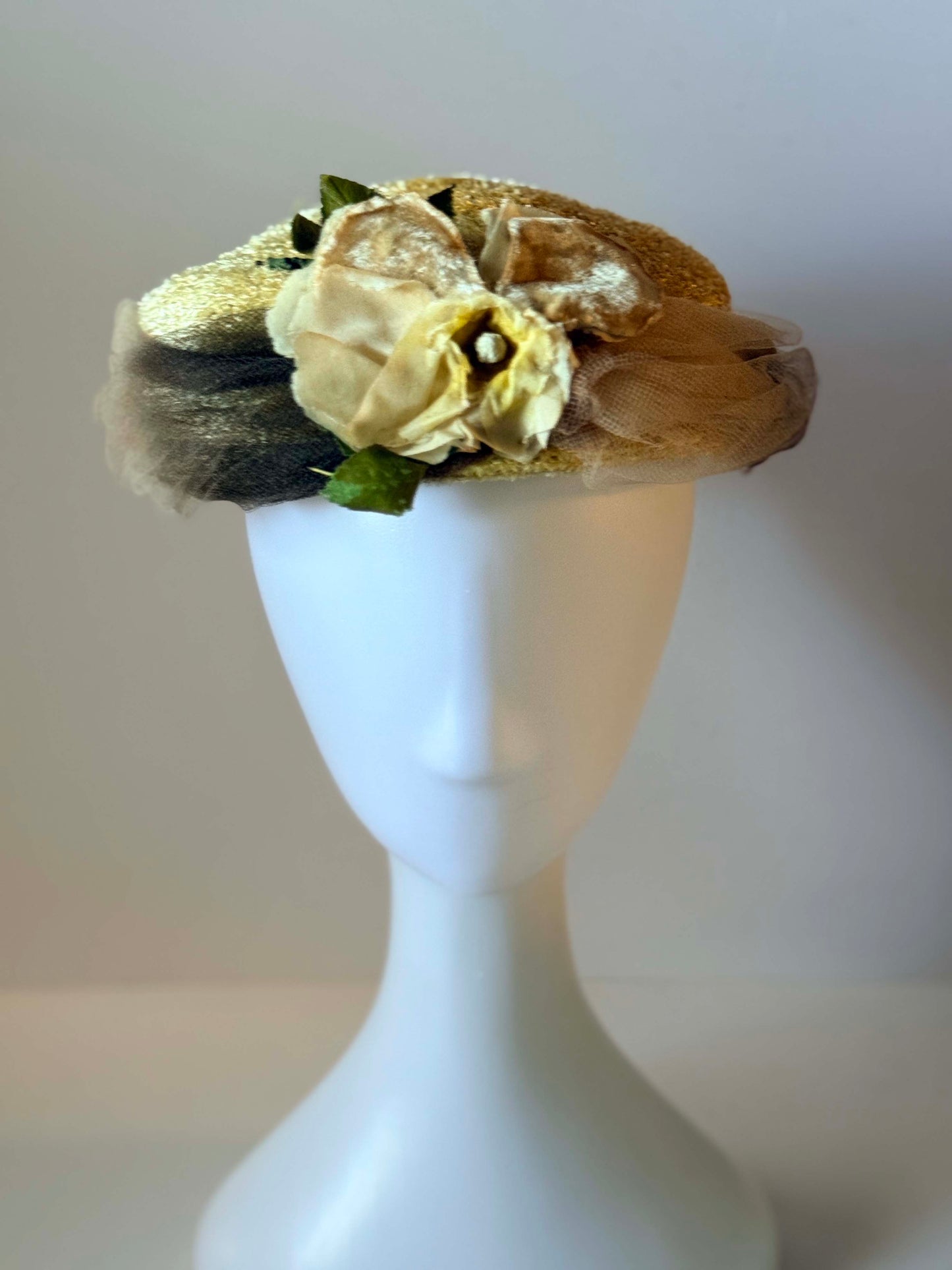 1950s Gold Lurex Pillbox Hat | Floral Jami Exclusive Hat | Vintage Metallic Straw Fascinator | Romantic Mid Century Millinery