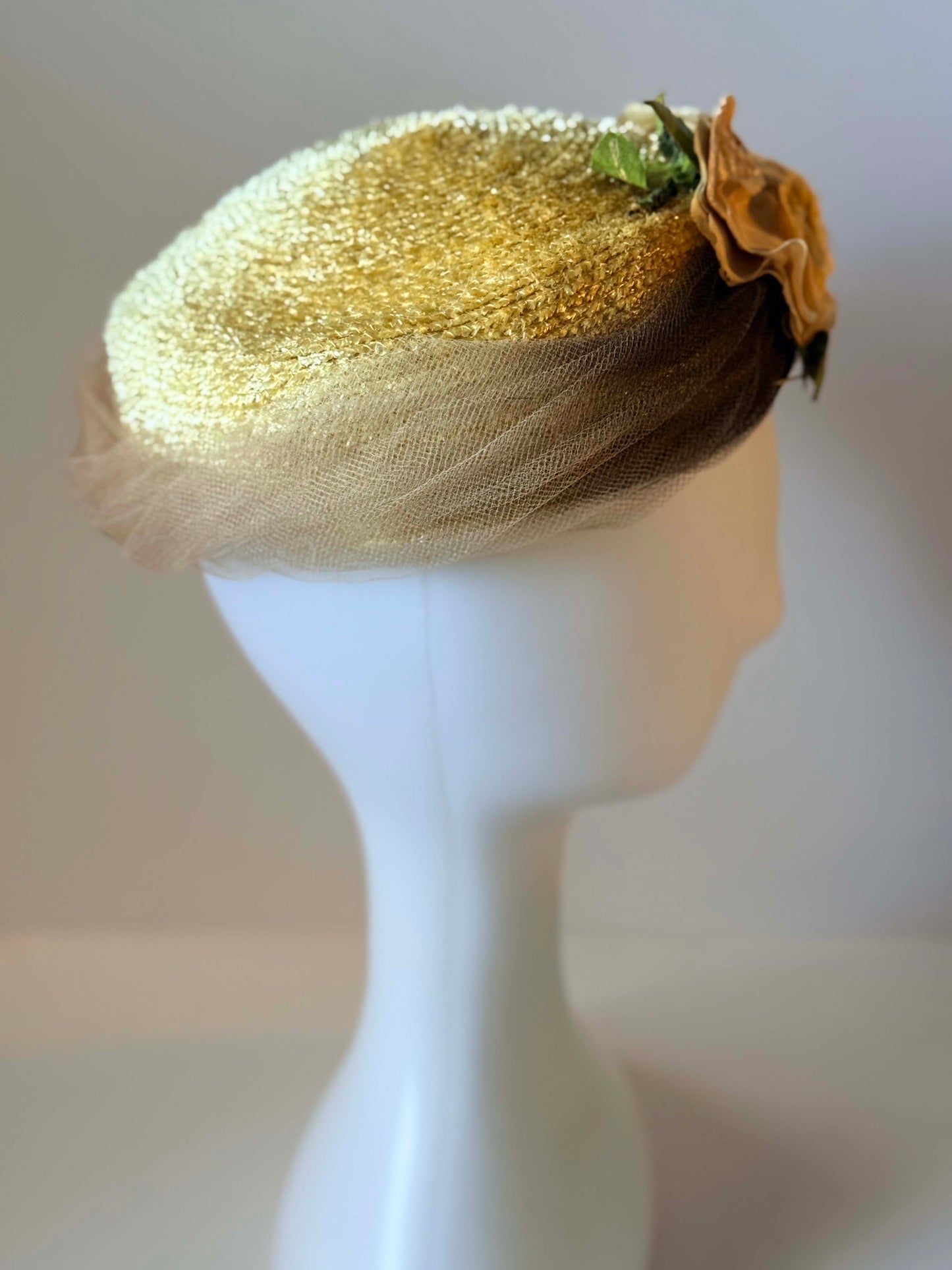 1950s Gold Lurex Pillbox Hat | Floral Jami Exclusive Hat | Vintage Metallic Straw Fascinator | Romantic Mid Century Millinery