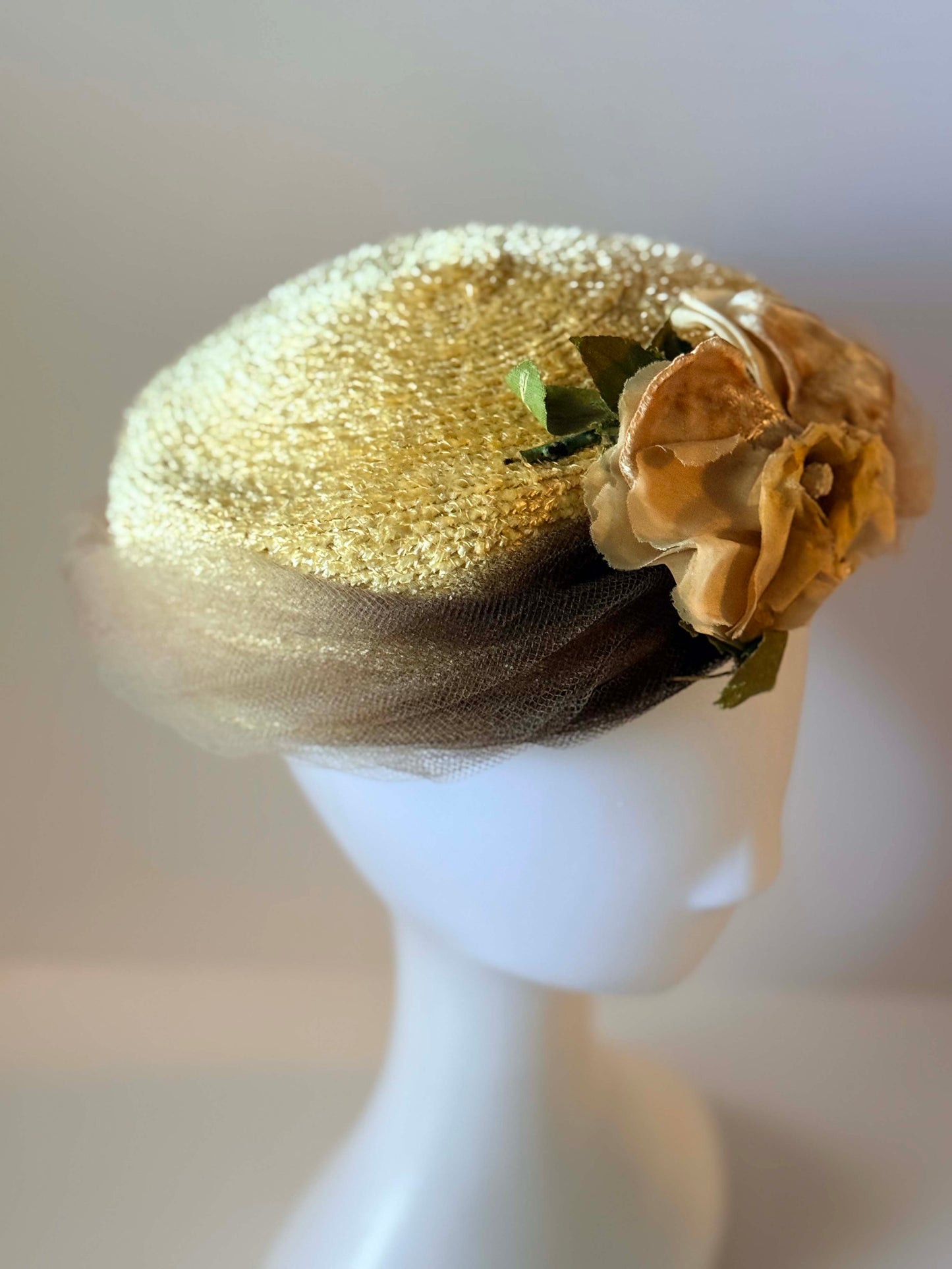 1950s Gold Lurex Pillbox Hat | Floral Jami Exclusive Hat | Vintage Metallic Straw Fascinator | Romantic Mid Century Millinery