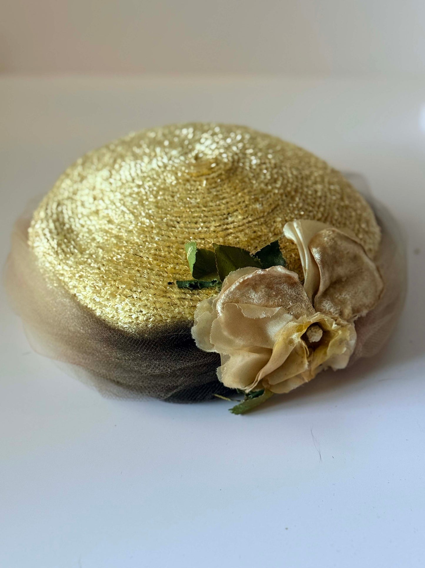 1950s Gold Lurex Pillbox Hat | Floral Jami Exclusive Hat | Vintage Metallic Straw Fascinator | Romantic Mid Century Millinery