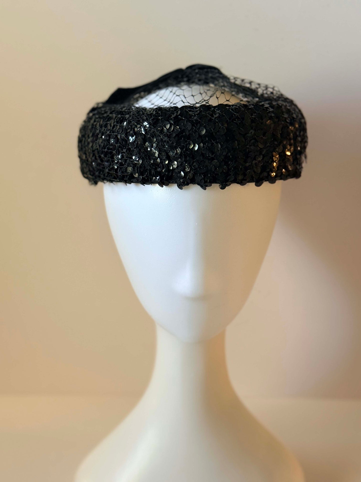 1950s Black Sequin Cocktail Halo Hat | Vintage Open Crown Fascinator | Beaded Net Evening Hat | Old Hollywood Glam Millinery