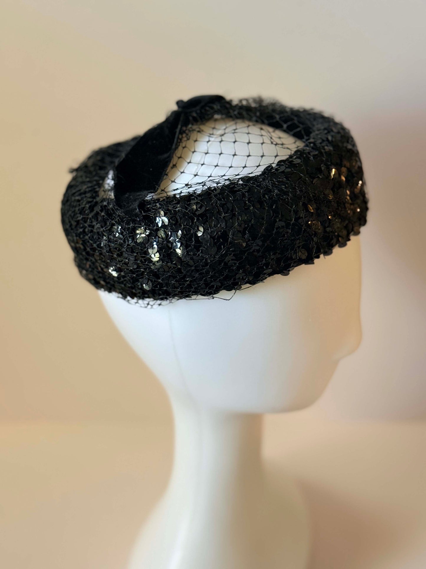 1950s Black Sequin Cocktail Halo Hat | Vintage Open Crown Fascinator | Beaded Net Evening Hat | Old Hollywood Glam Millinery
