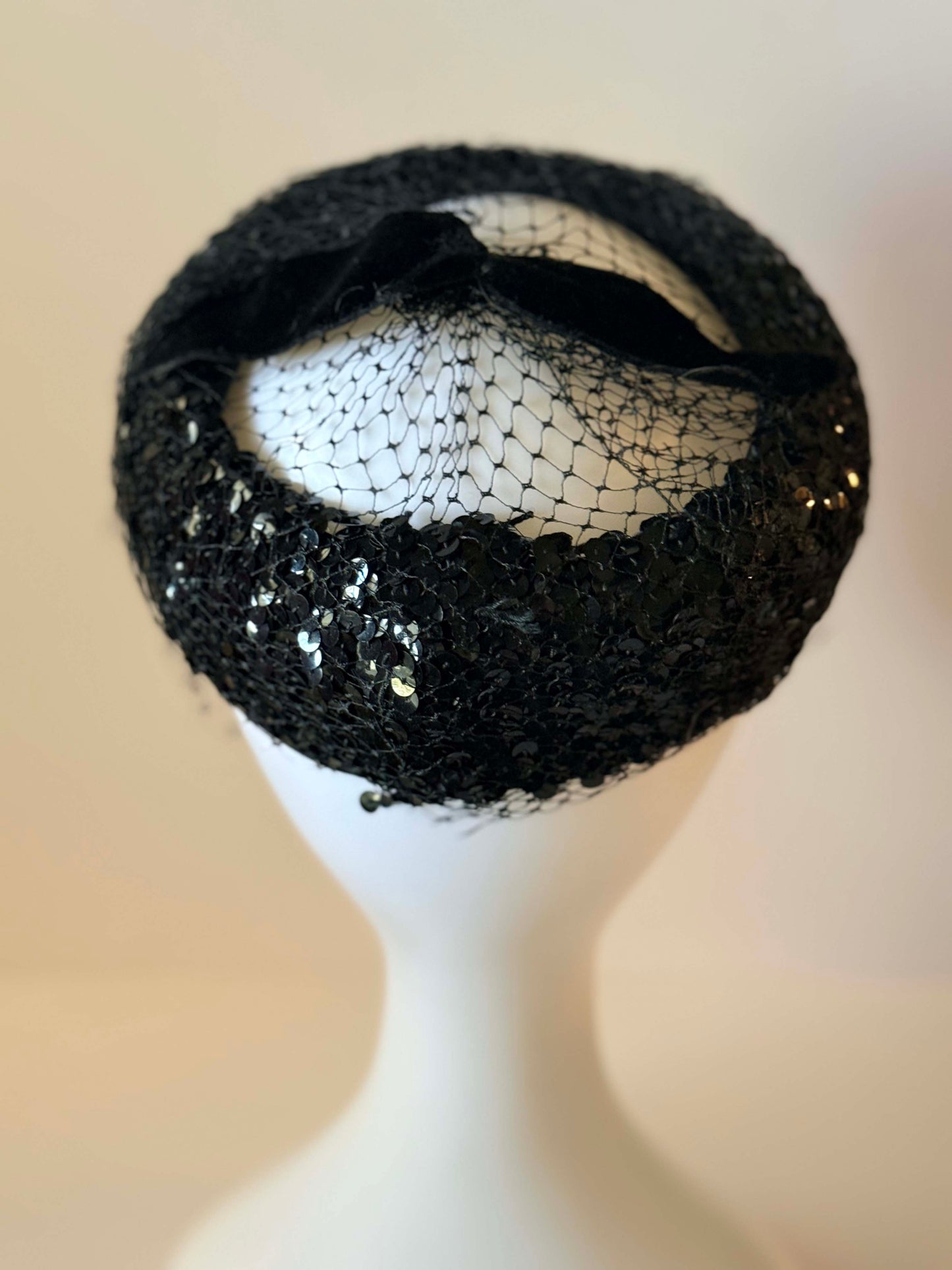 1950s Black Sequin Cocktail Halo Hat | Vintage Open Crown Fascinator | Beaded Net Evening Hat | Old Hollywood Glam Millinery