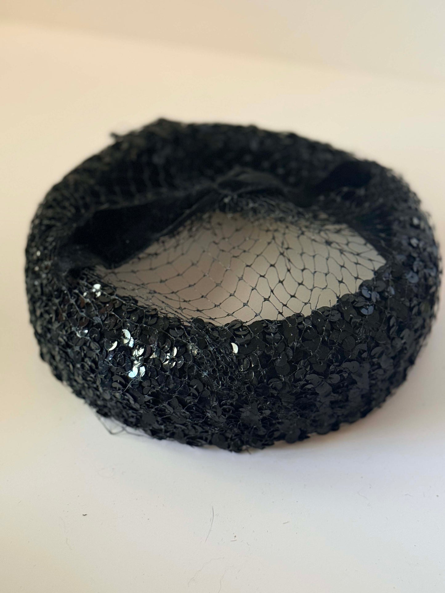 1950s Black Sequin Cocktail Halo Hat | Vintage Open Crown Fascinator | Beaded Net Evening Hat | Old Hollywood Glam Millinery