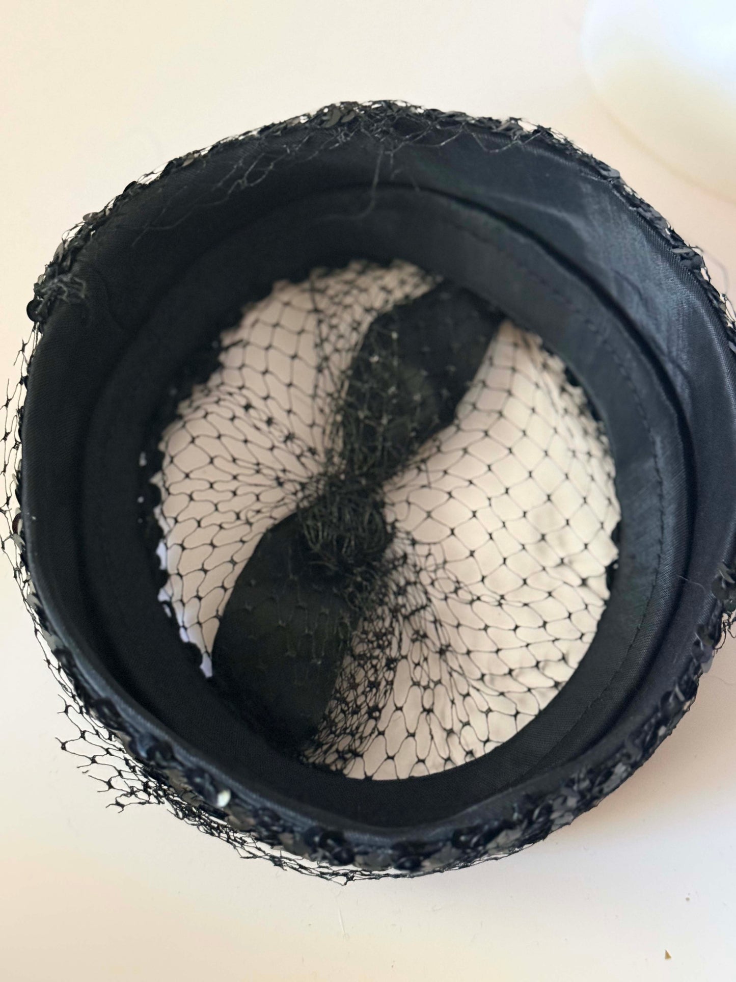 1950s Black Sequin Cocktail Halo Hat | Vintage Open Crown Fascinator | Beaded Net Evening Hat | Old Hollywood Glam Millinery