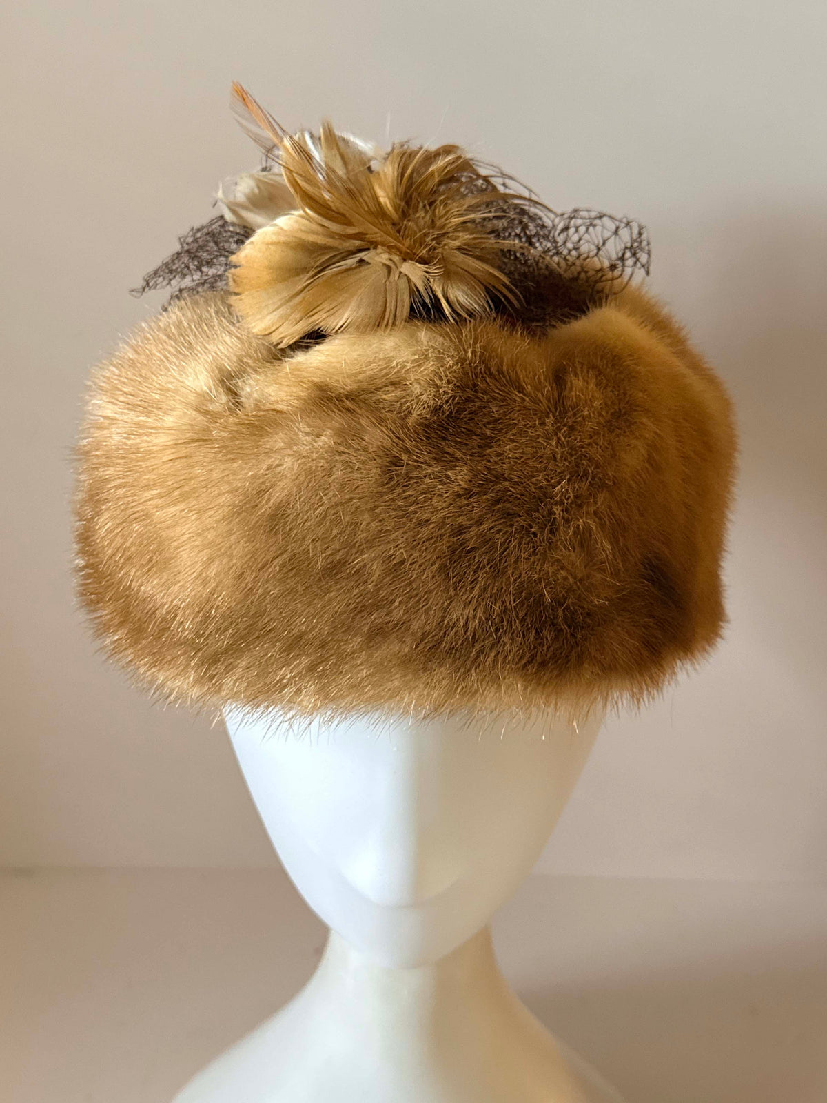 Vintage 1950s Honey Brown Mink Fur Hat | Feather Trimmed Pillbox Toque | Brown Veiling | Elegant Mid Century Winter Millinery