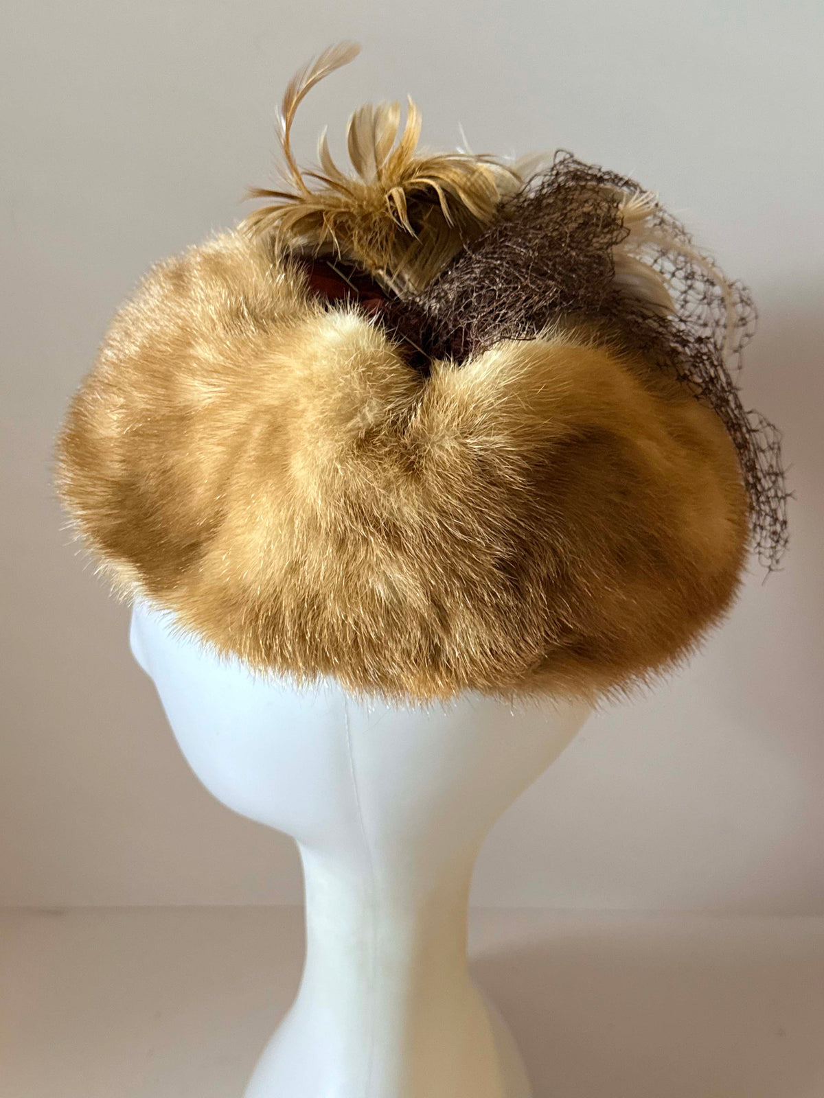 Vintage 1950s Honey Brown Mink Fur Hat | Feather Trimmed Pillbox Toque | Brown Veiling | Elegant Mid Century Winter Millinery