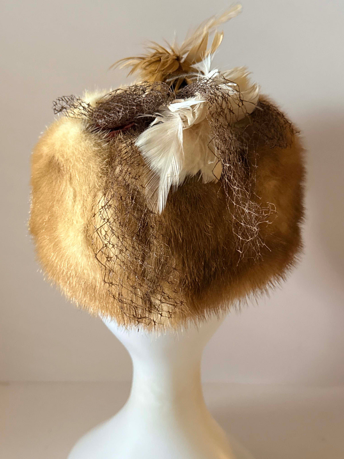 Vintage 1950s Honey Brown Mink Fur Hat | Feather Trimmed Pillbox Toque | Brown Veiling | Elegant Mid Century Winter Millinery