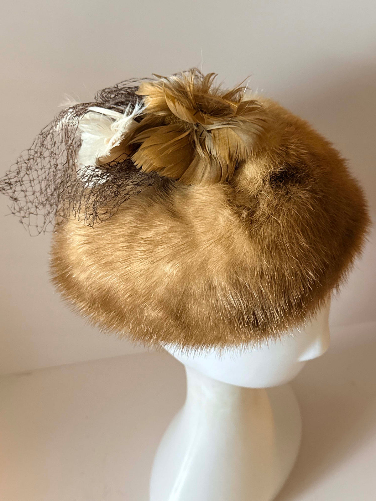 Vintage 1950s Honey Brown Mink Fur Hat | Feather Trimmed Pillbox Toque | Brown Veiling | Elegant Mid Century Winter Millinery