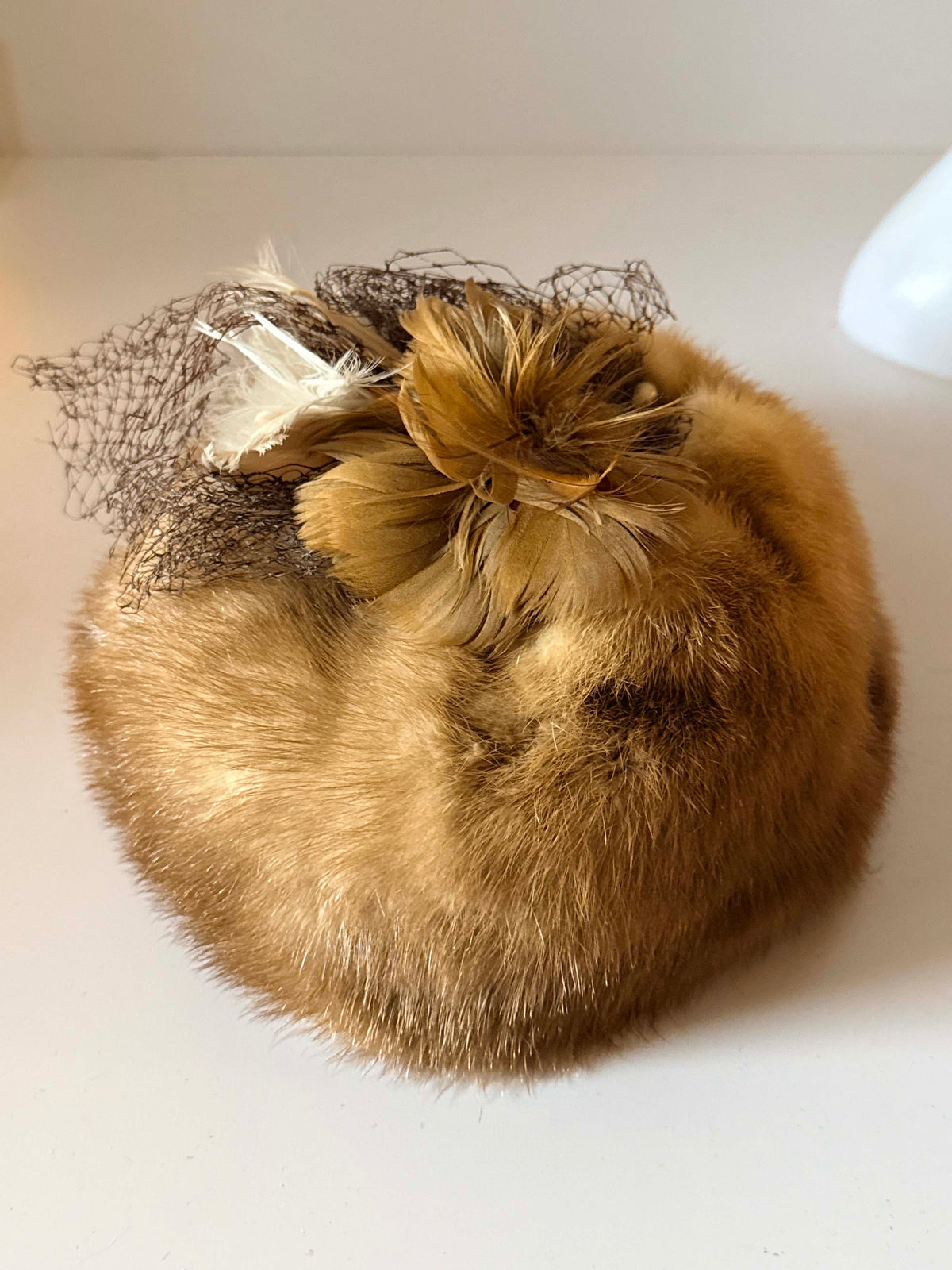 Vintage 1950s Honey Brown Mink Fur Hat | Feather Trimmed Pillbox Toque | Brown Veiling | Elegant Mid Century Winter Millinery