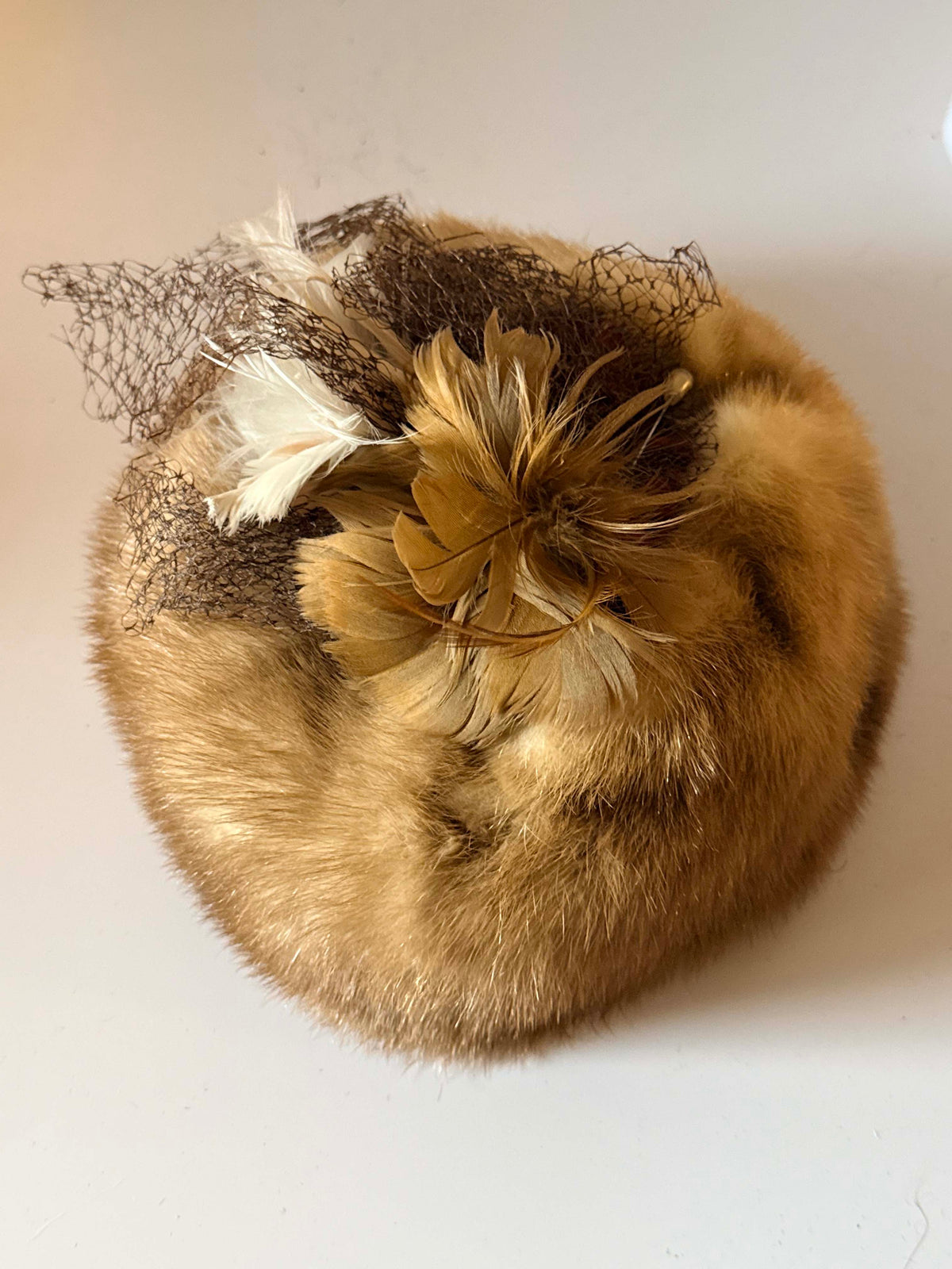 Vintage 1950s Honey Brown Mink Fur Hat | Feather Trimmed Pillbox Toque | Brown Veiling | Elegant Mid Century Winter Millinery