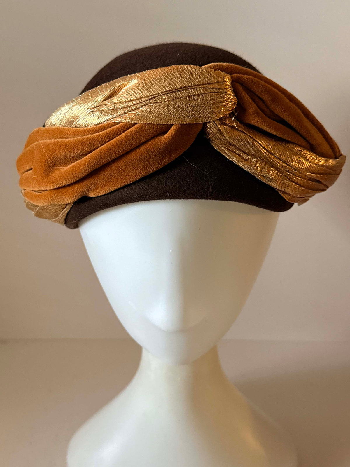 Vintage 1960s Brown Pillbox Hat | Paris Original Gold Lame Velvet Turban Trim | Mod Mid Century Designer Millinery
