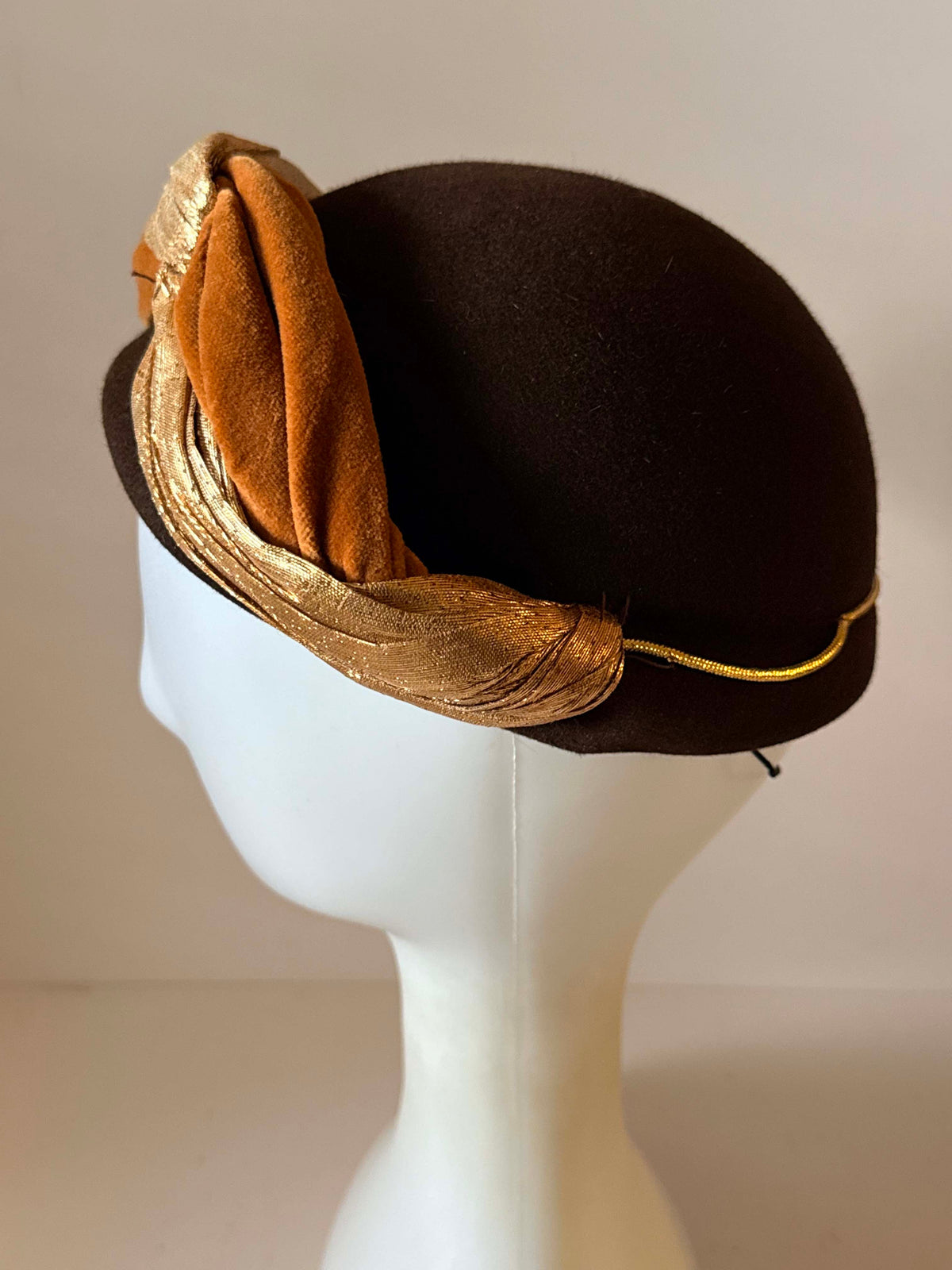 Vintage 1960s Brown Pillbox Hat | Paris Original Gold Lame Velvet Turban Trim | Mod Mid Century Designer Millinery