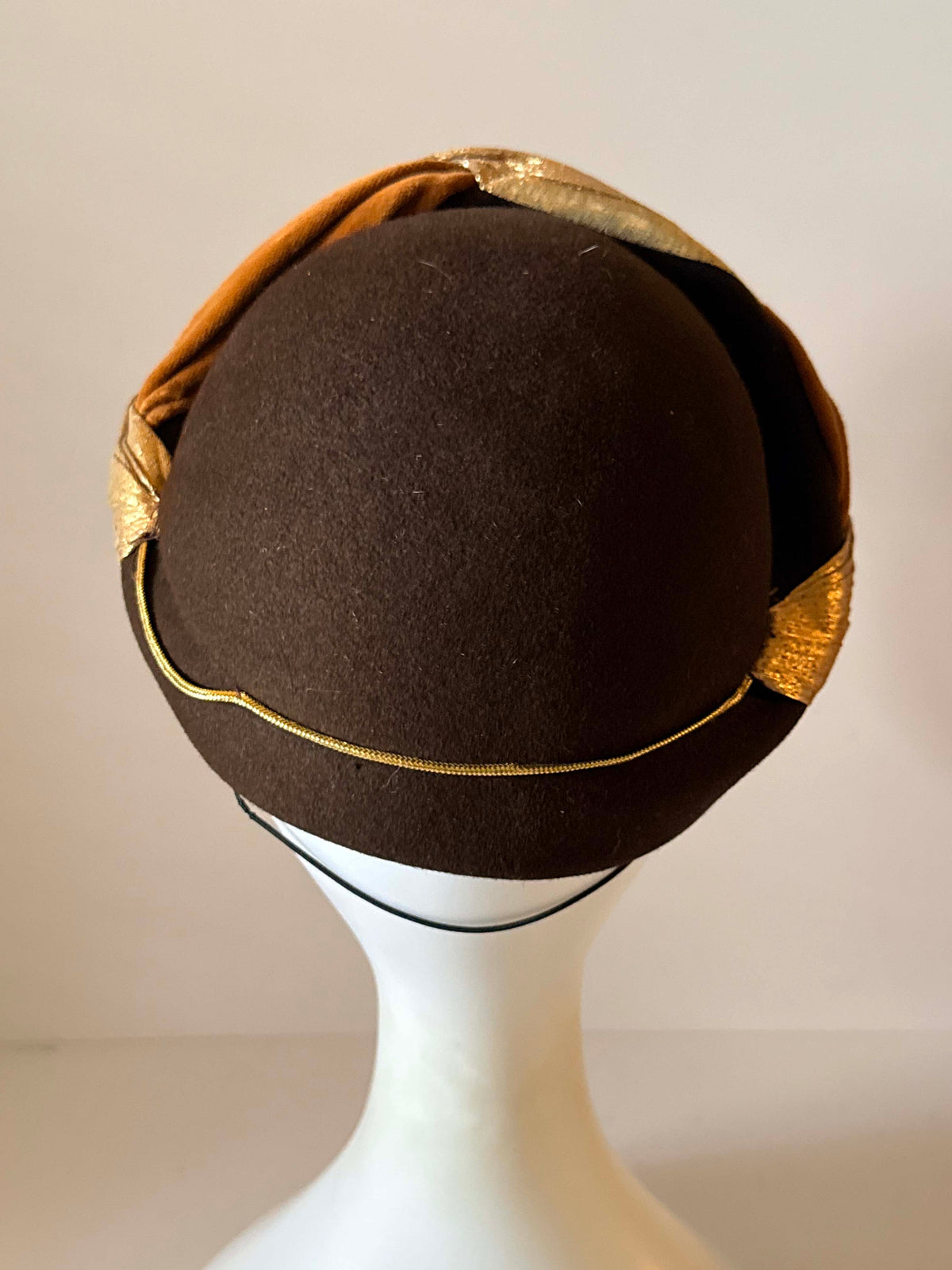 Vintage 1960s Brown Pillbox Hat | Paris Original Gold Lame Velvet Turban Trim | Mod Mid Century Designer Millinery