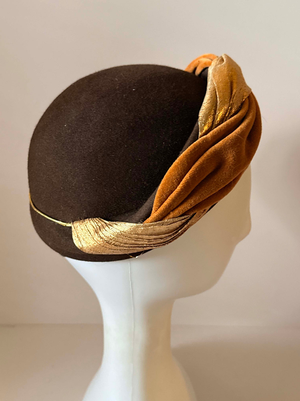 Vintage 1960s Brown Pillbox Hat | Paris Original Gold Lame Velvet Turban Trim | Mod Mid Century Designer Millinery