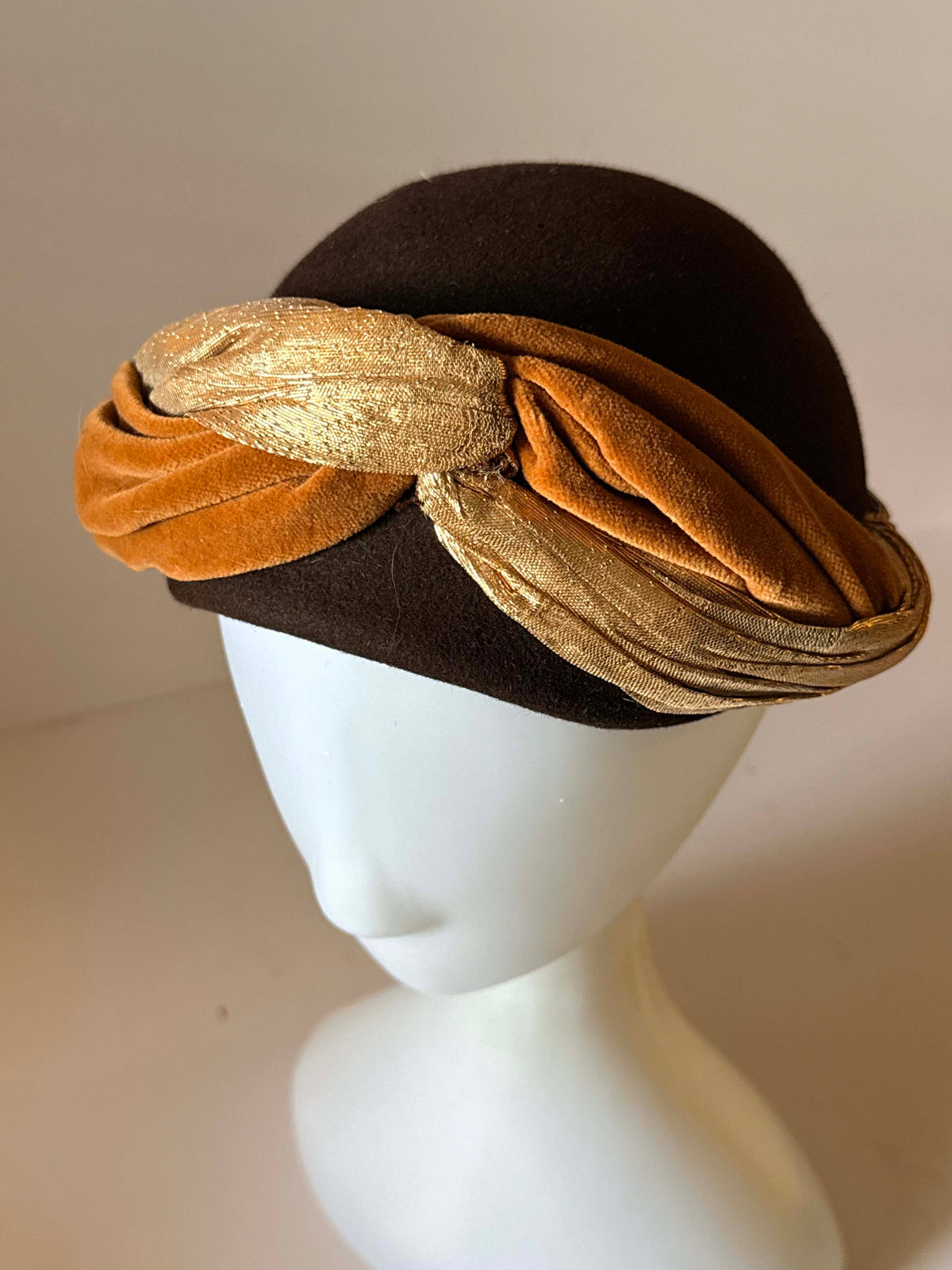 Vintage 1960s Brown Pillbox Hat | Paris Original Gold Lame Velvet Turban Trim | Mod Mid Century Designer Millinery