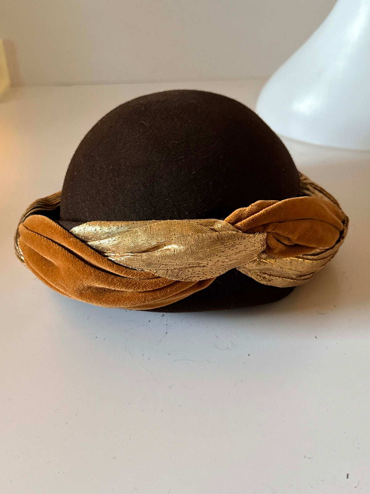 Vintage 1960s Brown Pillbox Hat | Paris Original Gold Lame Velvet Turban Trim | Mod Mid Century Designer Millinery