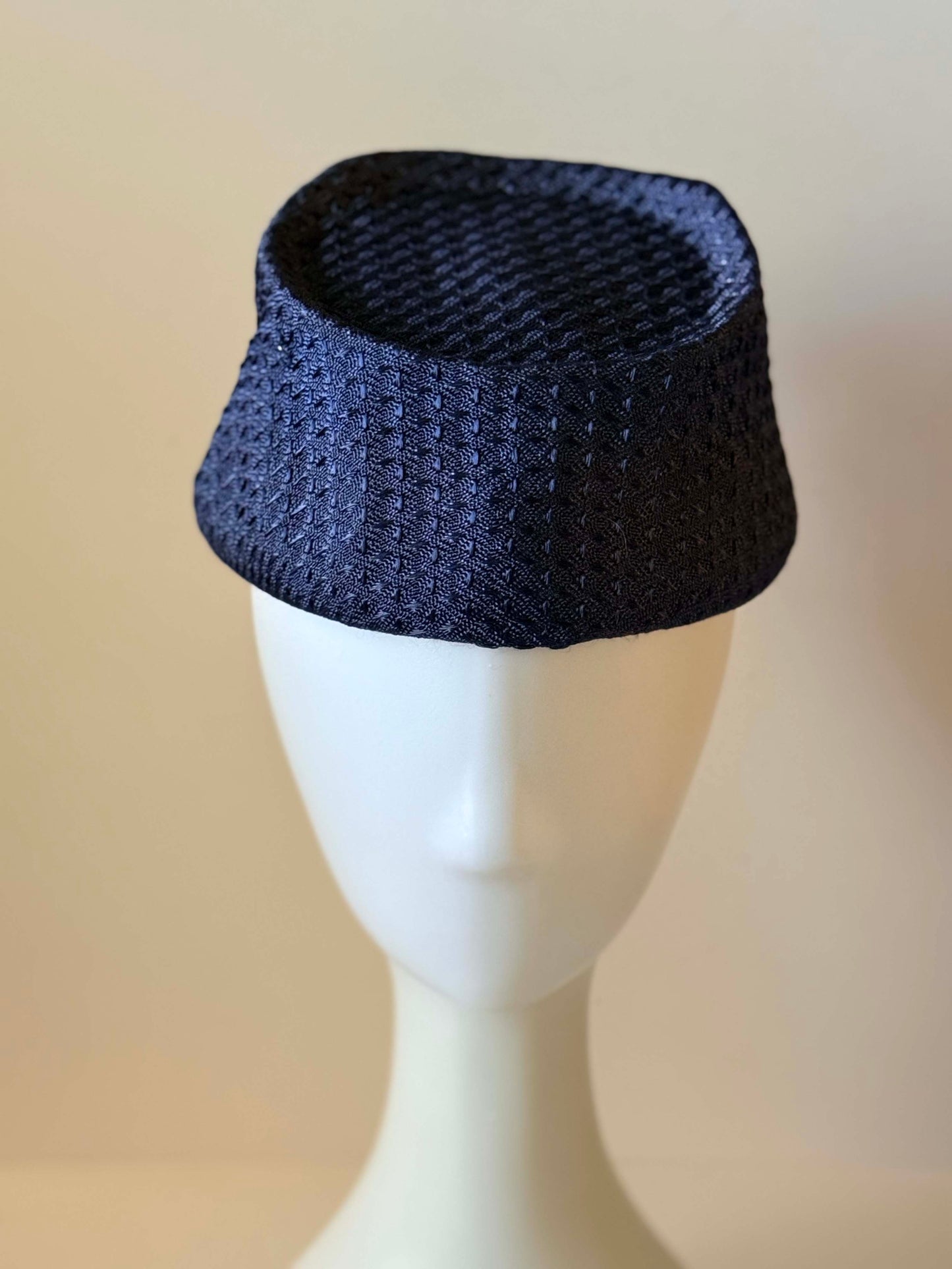 1950s Navy Blue Textured Tilt Hat | Sculptural Avant Garde Cocktail Hat | Minimalist Mid Century Fascinator